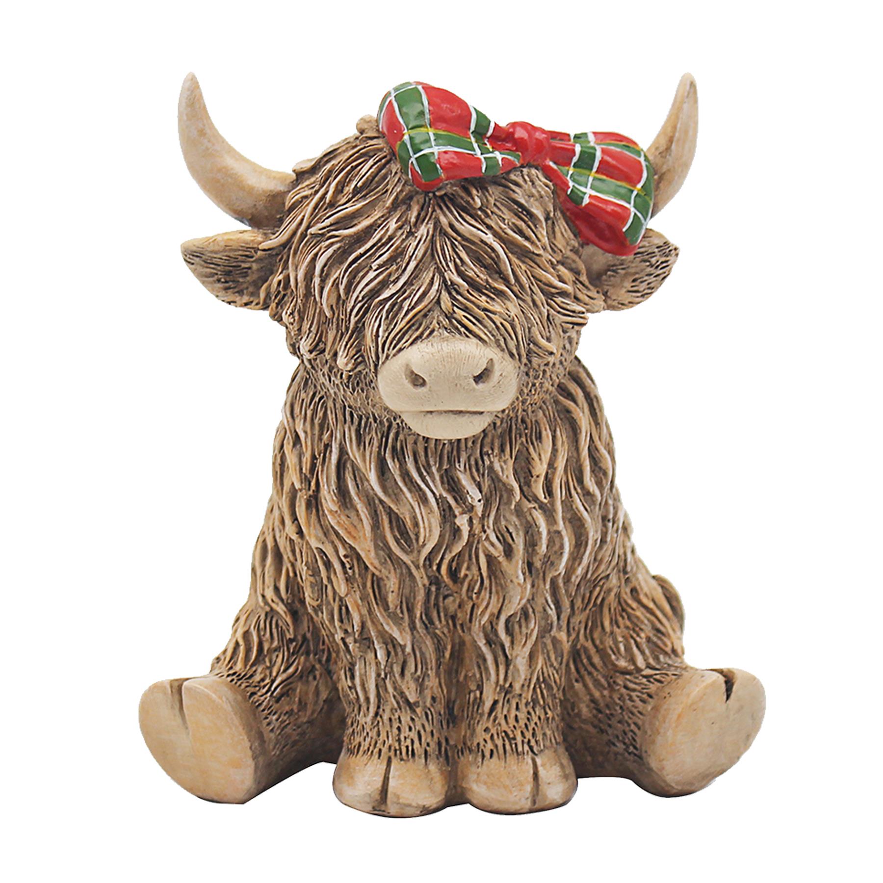 Highland Cow With Tartan Bow Ornament Resin 12cm