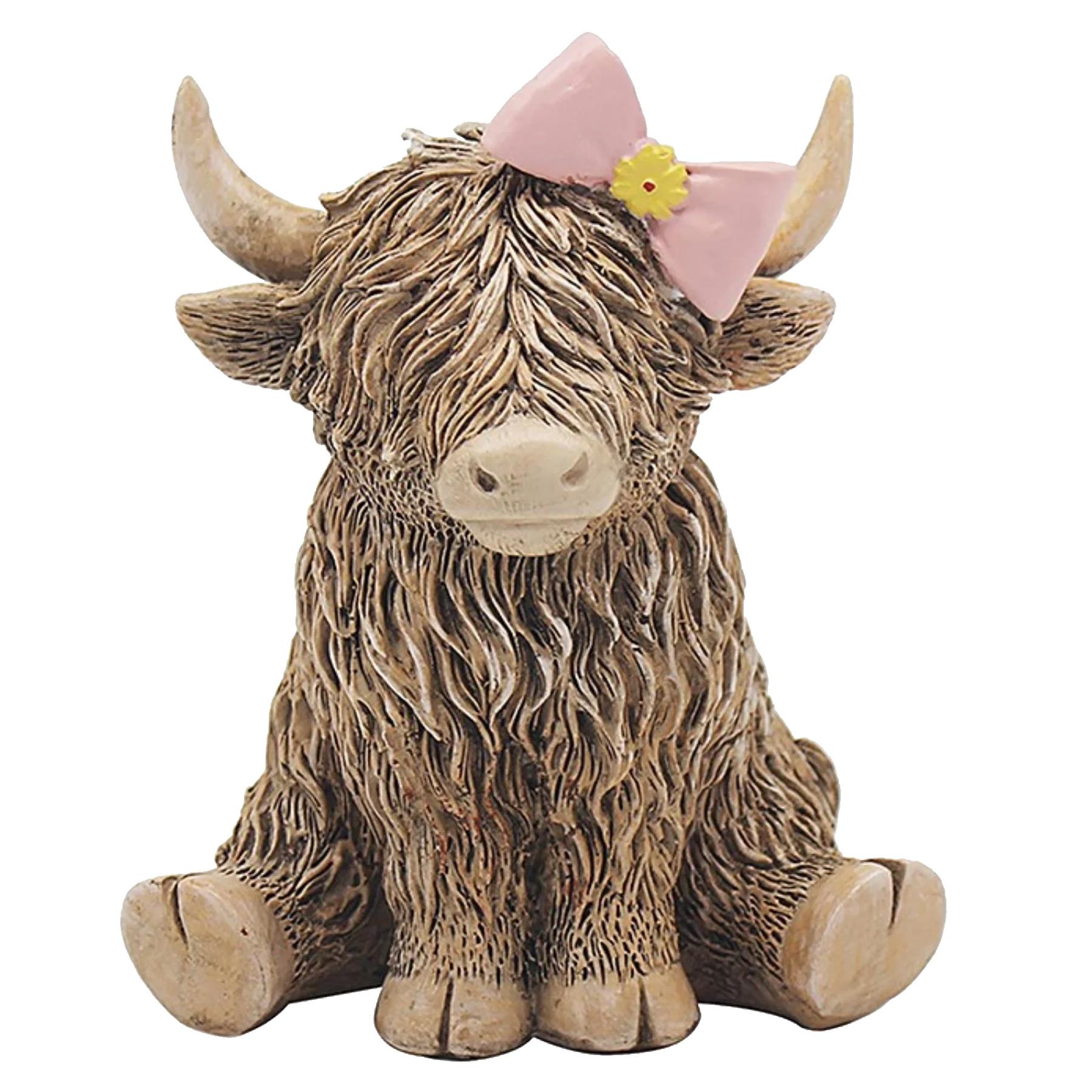 Highland Cow With Pink Bow Ornament Resin 12cm