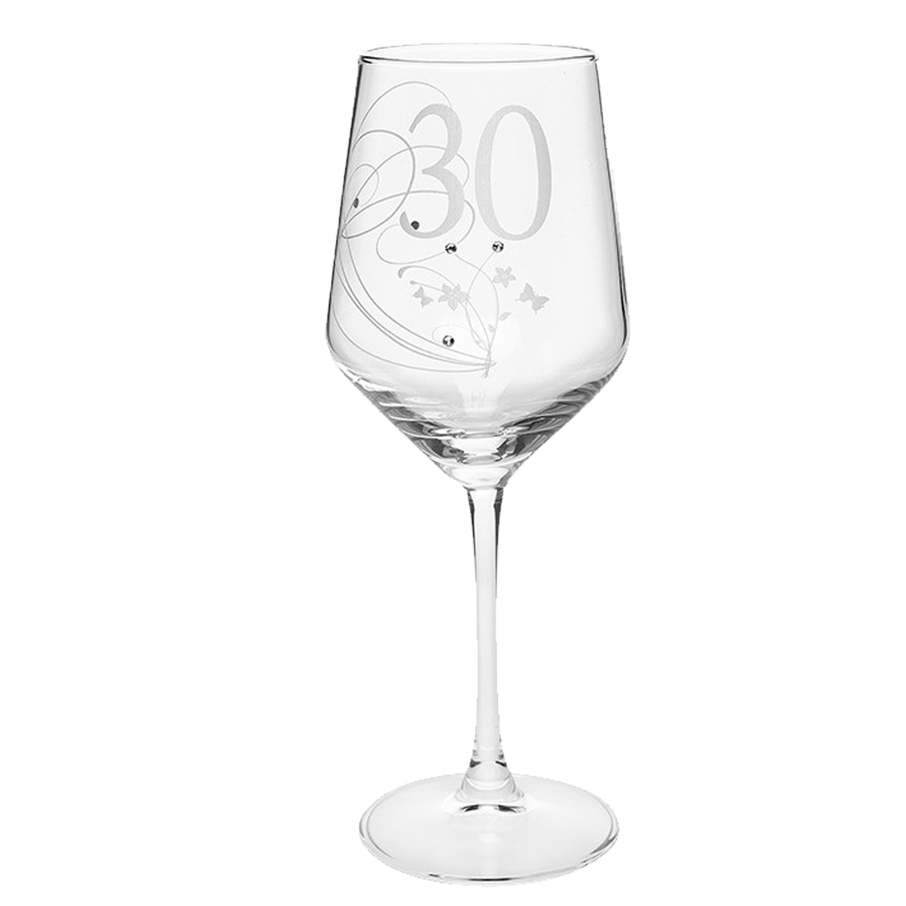 30th Birthday Wine Glass with Etched Number and Diamante Detailing Gift Boxed