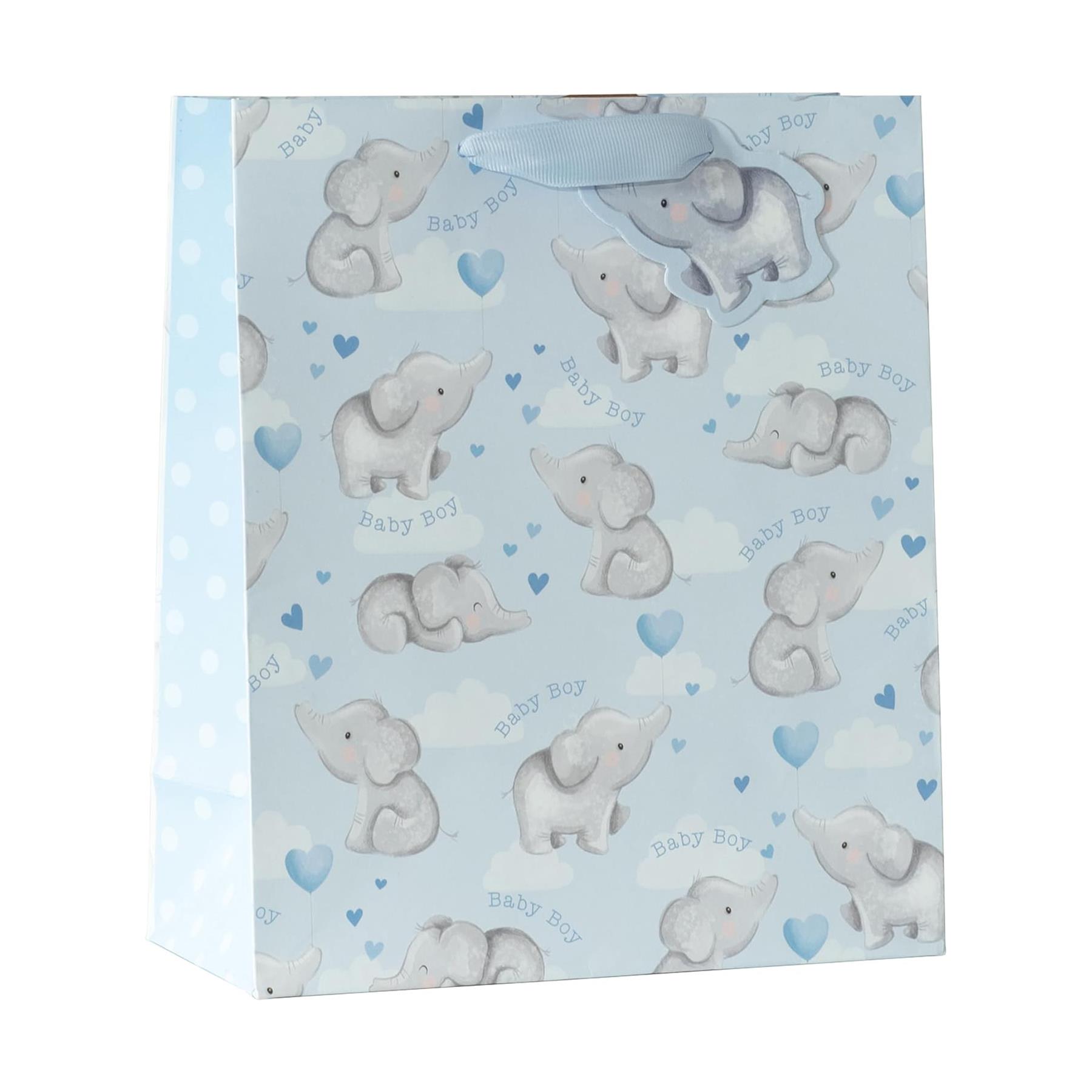 Baby Boy Elephant Gift Bag With Gift Tag Baby Shower Newborn Gift 25cm x 21cm Blue