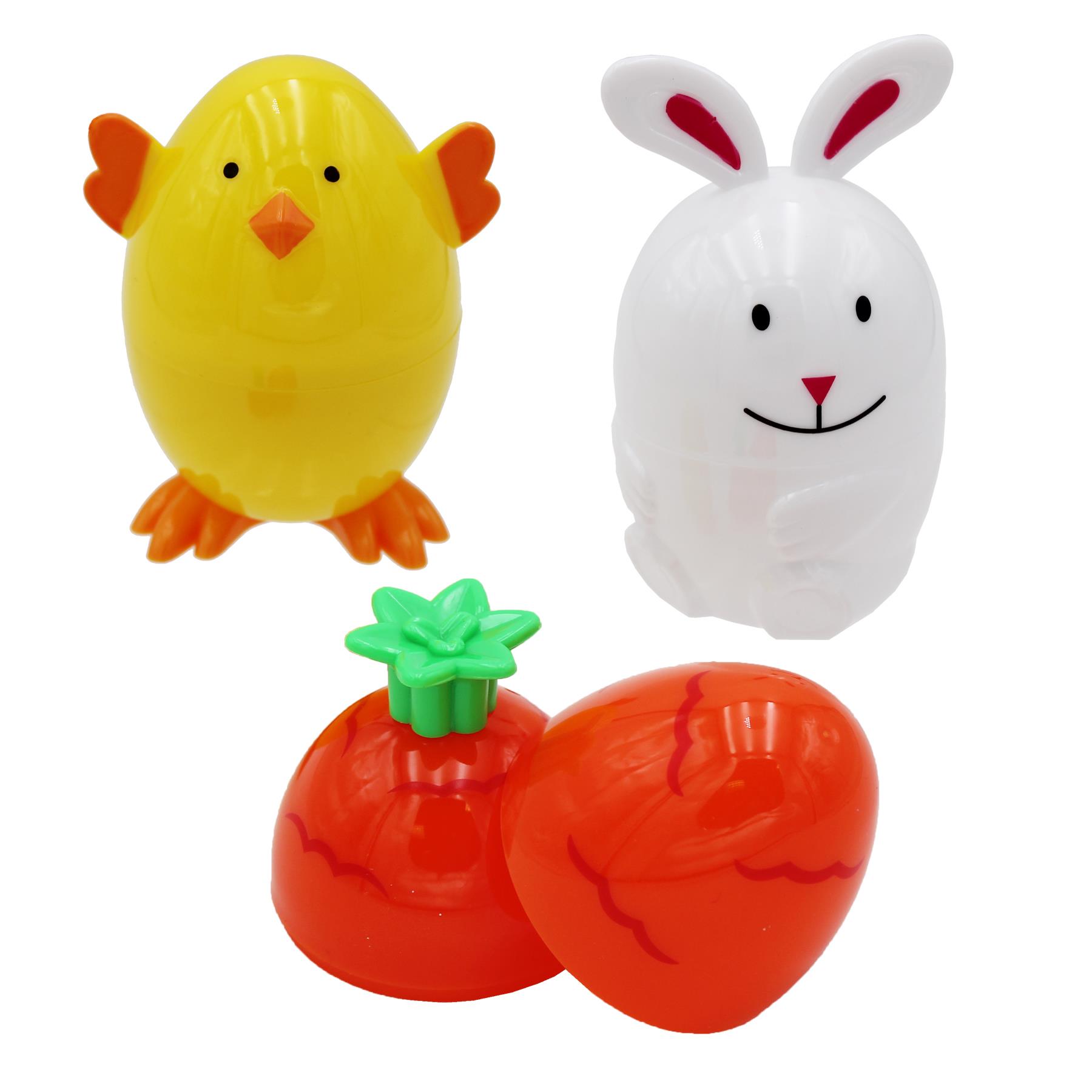 Plastic Fillable Eggs Easter Bunny, Carrot and Chick Character 3 Pack for Egg Hunt