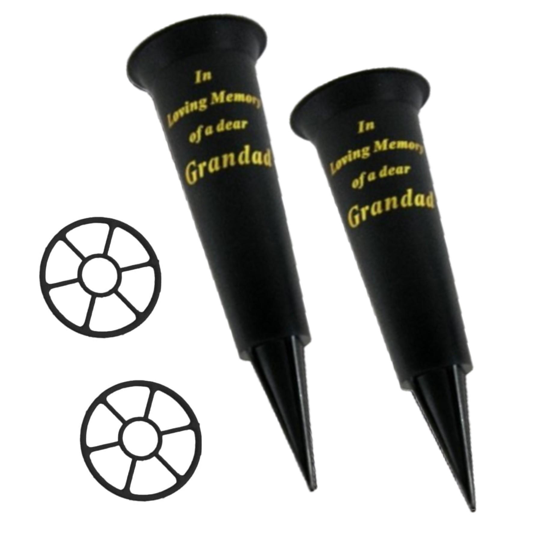 Black Memorial Flower Vase Spike Base with Insert Graveside Set of 2 - Grandad