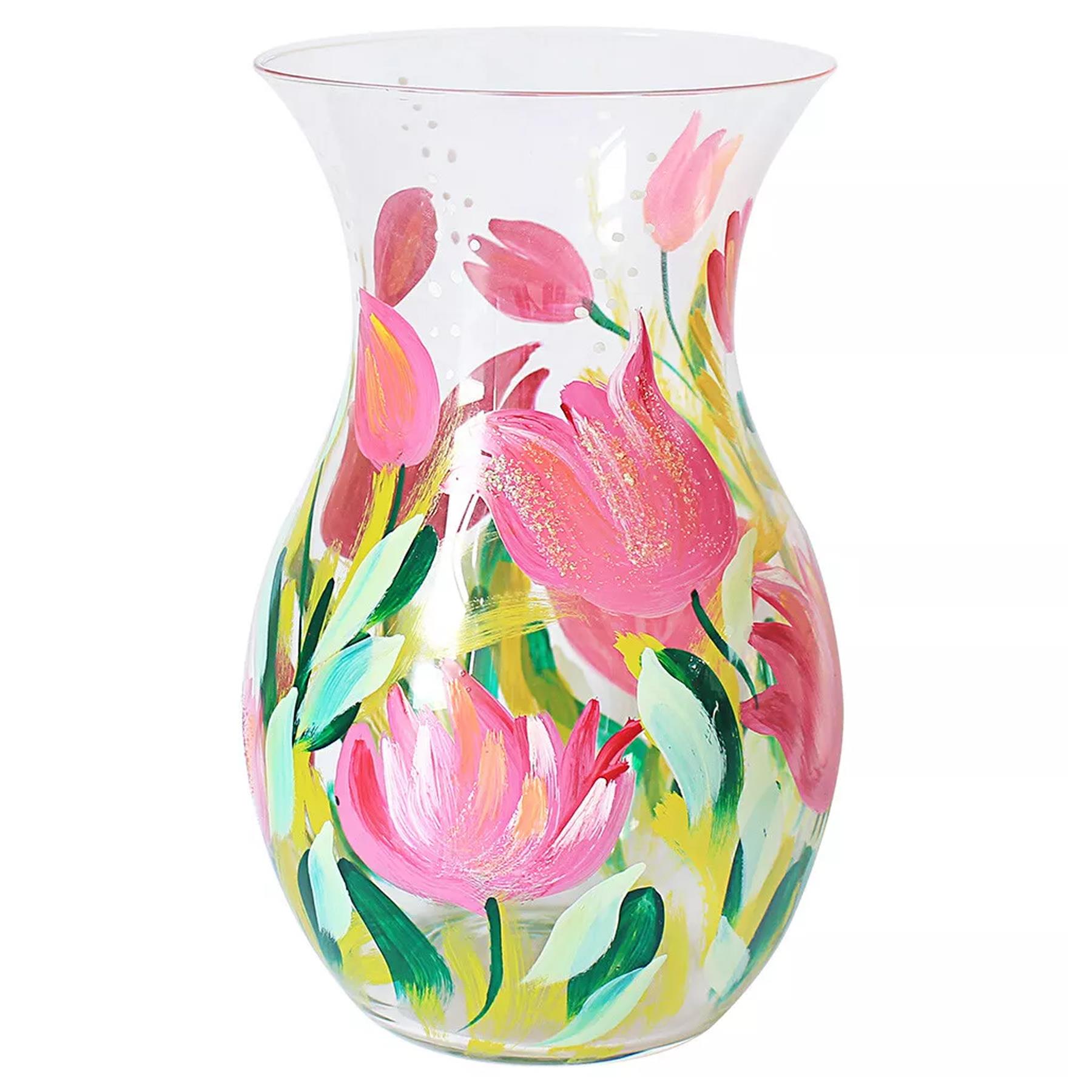 Floral Glass Vase Hand Painted Decorative Gift Mothers Day Birthday - Pink Tulips