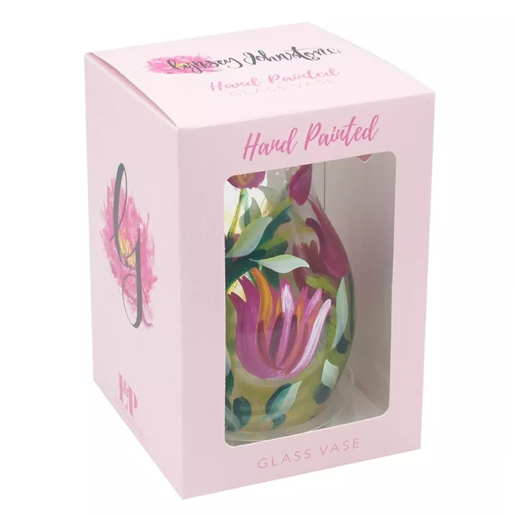 image452358251.jpg Floral Glass Vase Hand Painted Decorative Gift Mothers Day Birthday - Pink Tulips