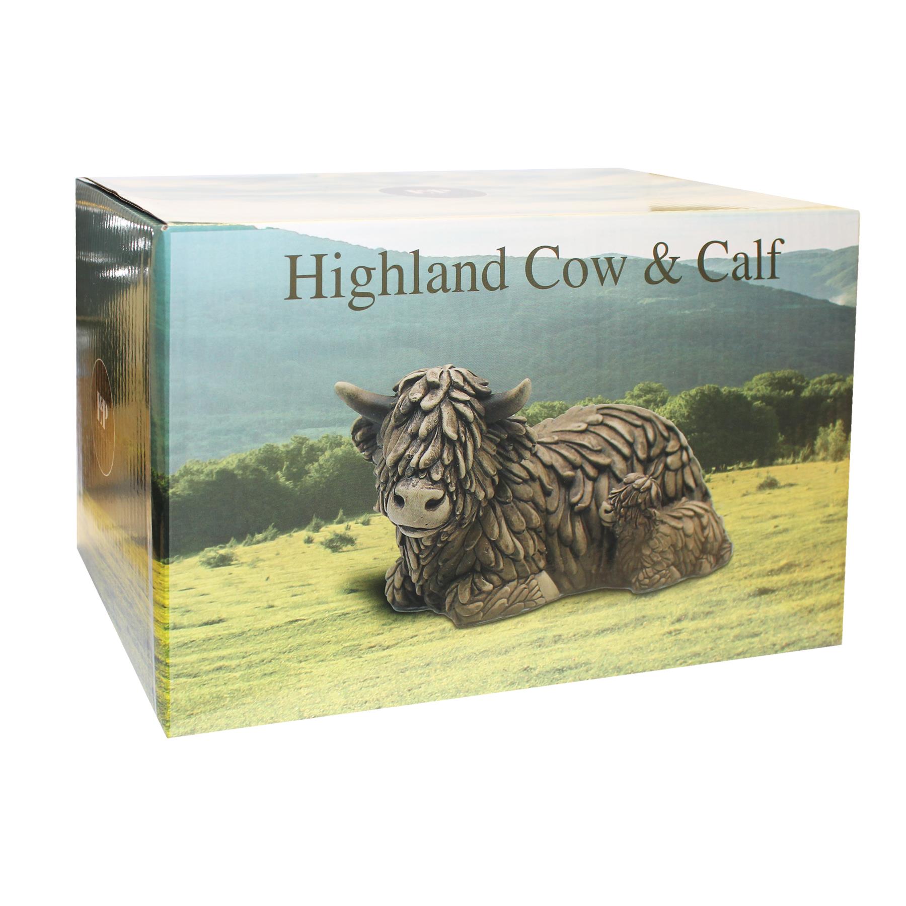 Highland Cow Ornament 18cm Gift - Lying Down Hughie Cow with Calf