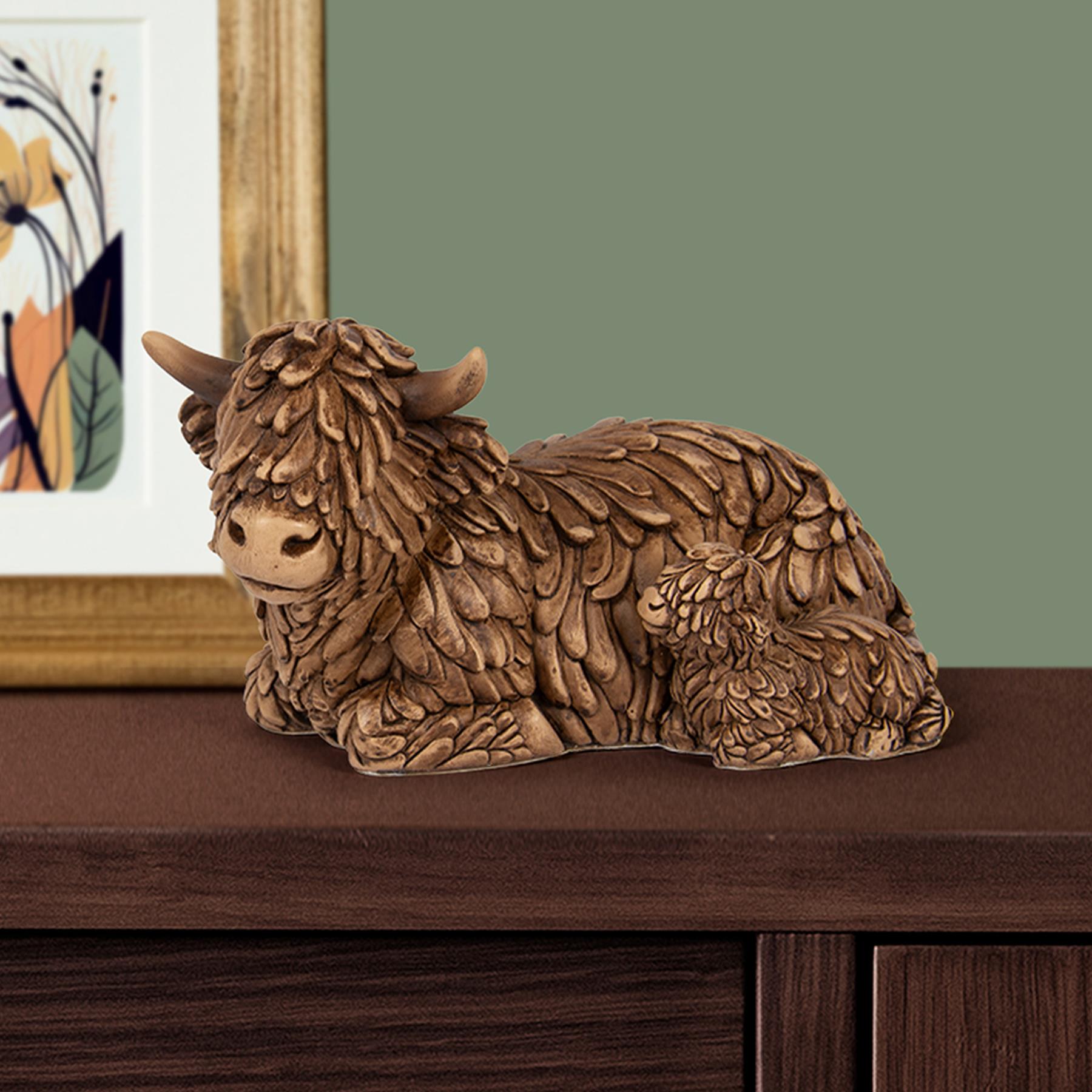 Highland Cow Ornament 18cm Gift - Lying Down Hughie Cow with Calf