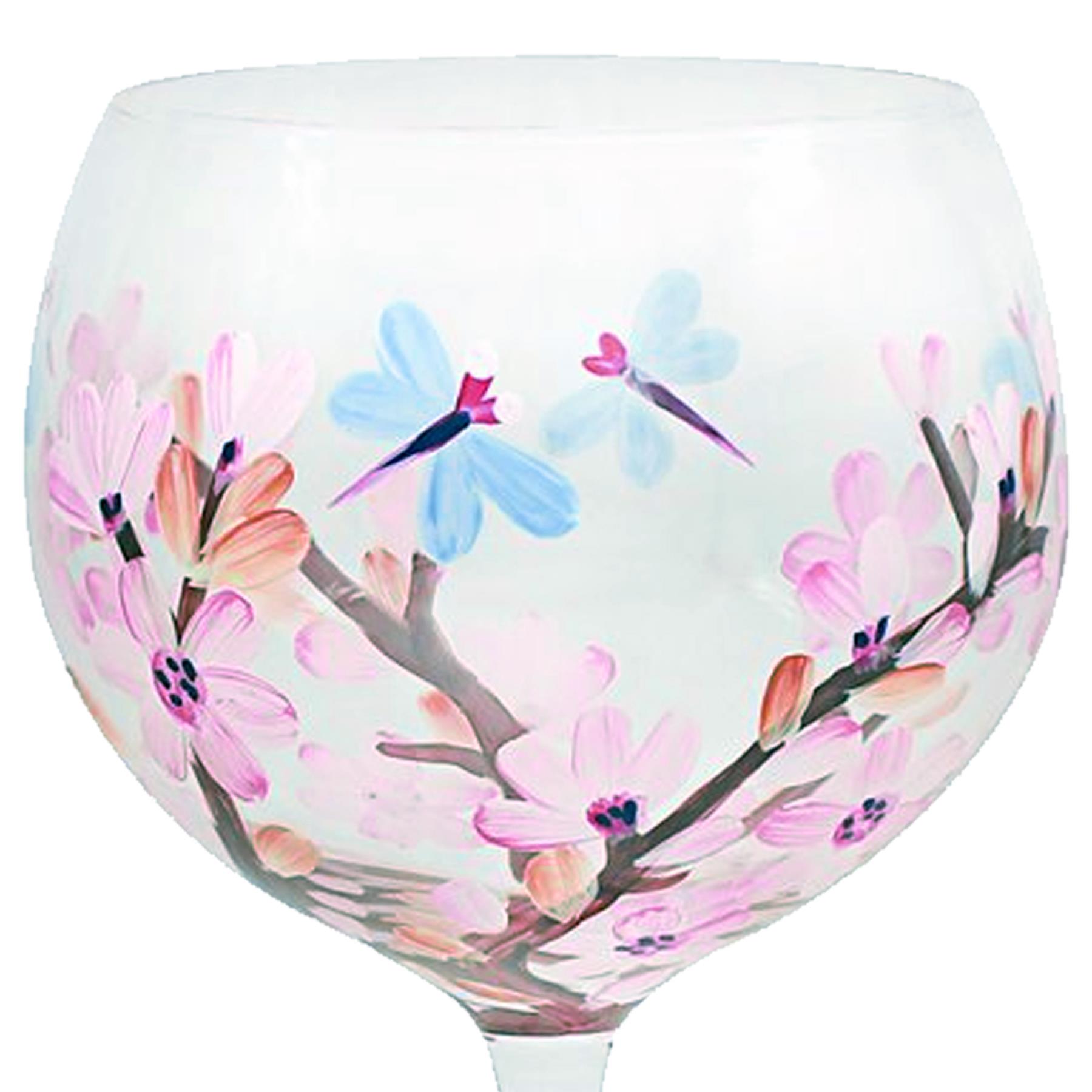 Balloon Gin Glass with Hand Painted Blossom with Dragonfly Design Gift Boxed