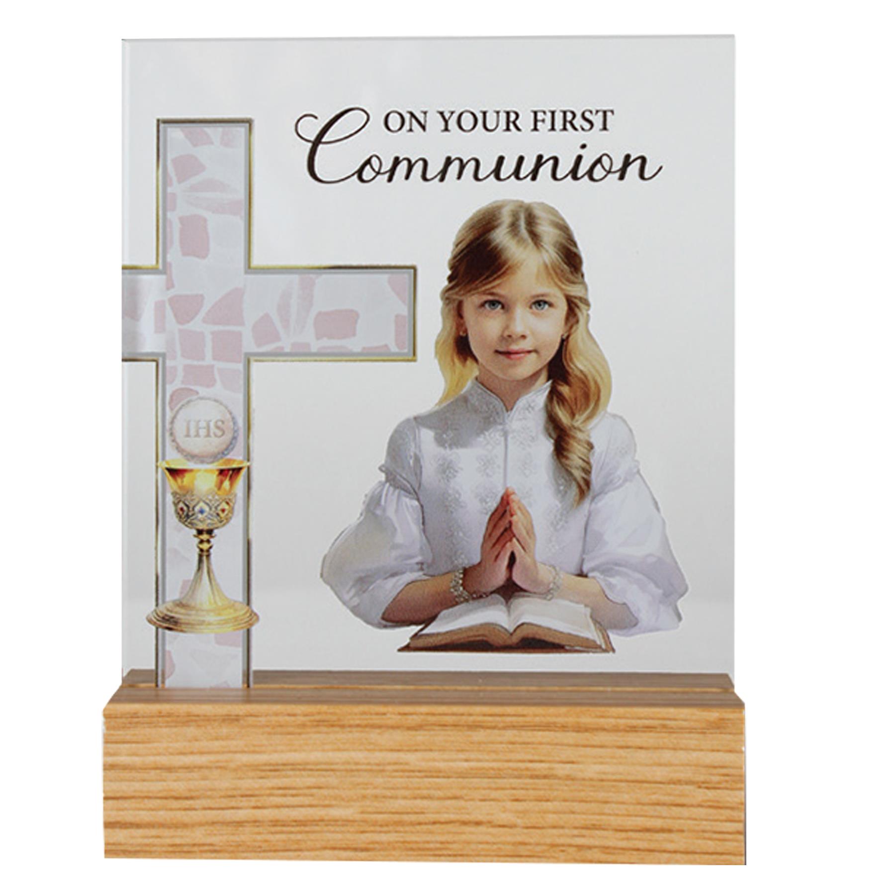 First Communion Glass Plaque on a Wooden Base - Girl