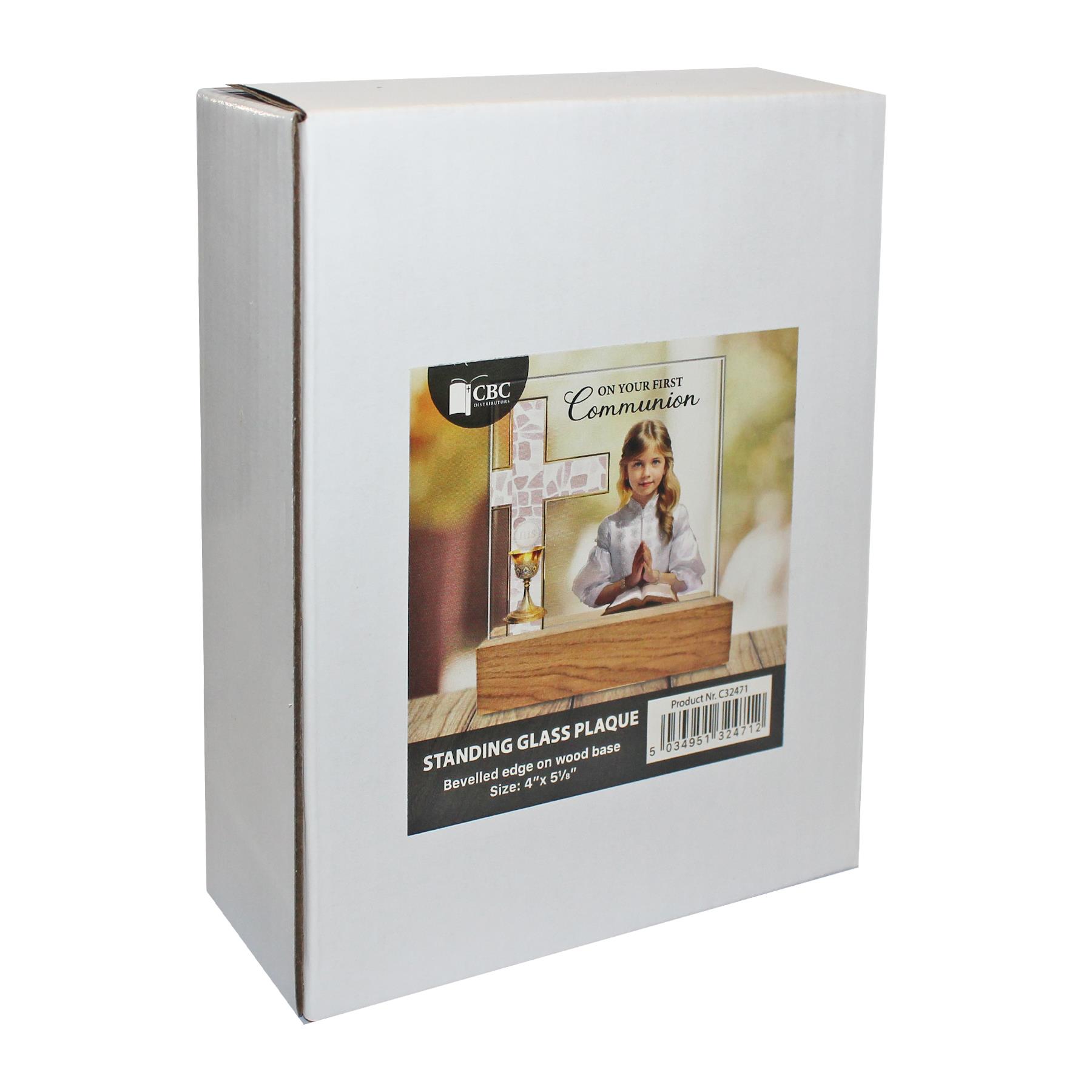 First Communion Glass Plaque on a Wooden Base - Girl