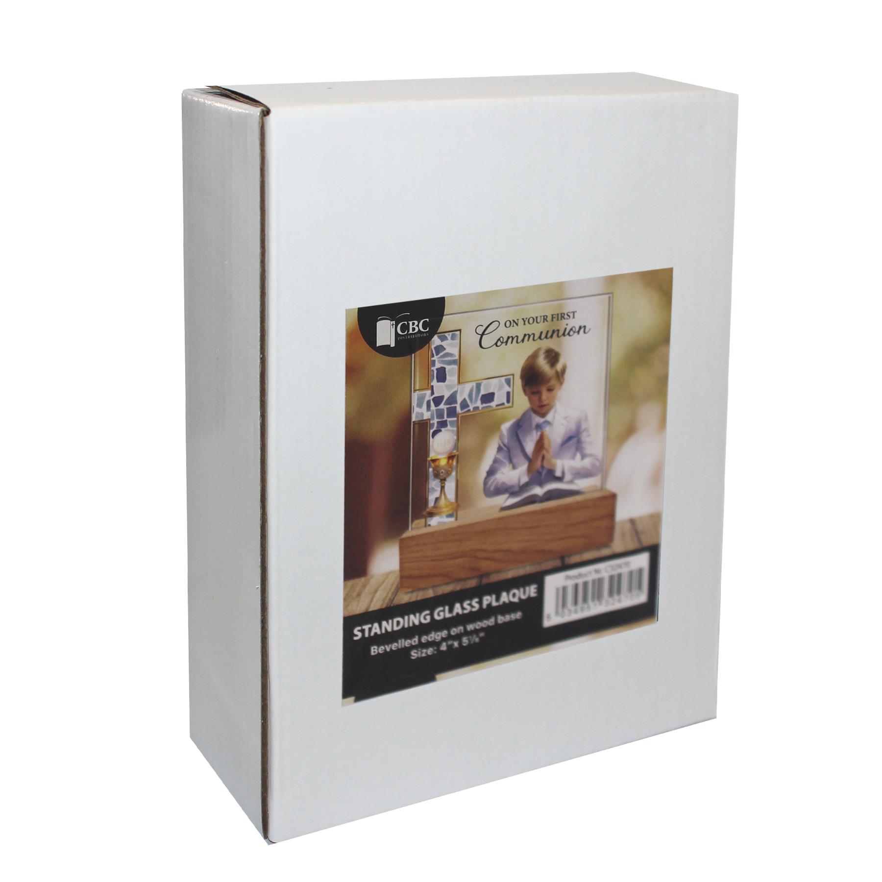 First Communion Glass Plaque on a Wooden Base - Boy
