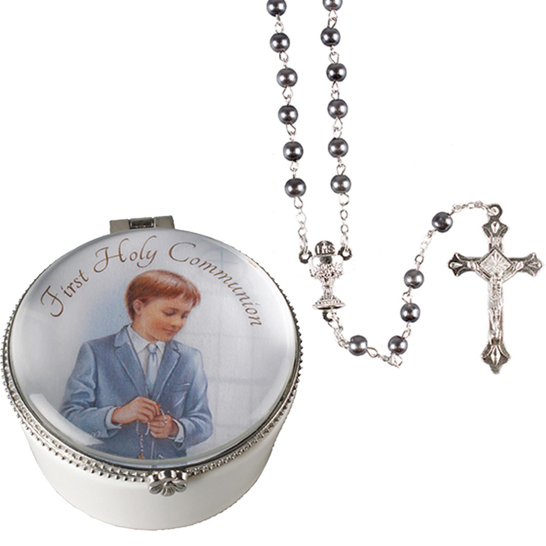 First Holy Communion Rosary Beads in Porcelain Picture Box - Boy