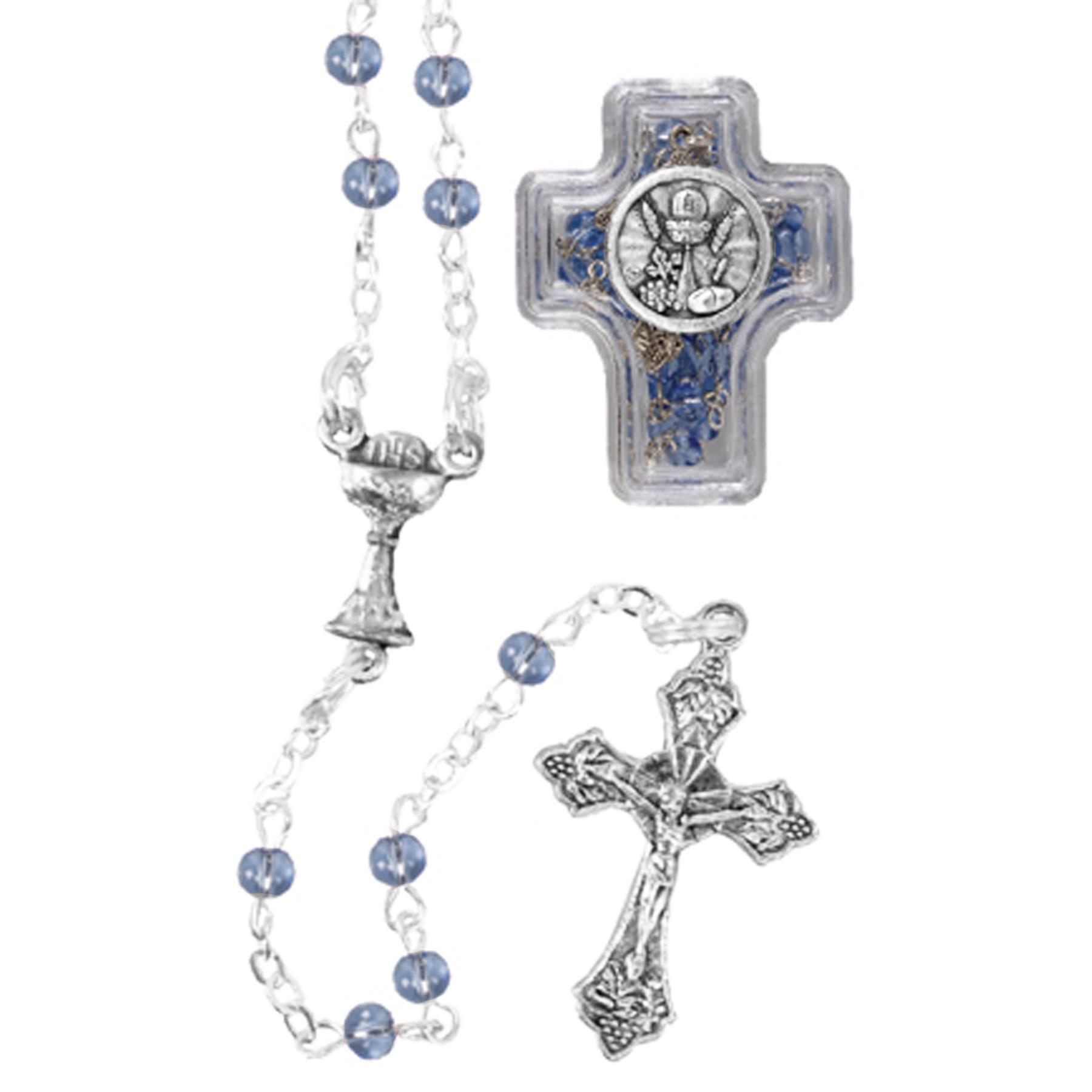 Communion Rosary Beads in Clear Cross Box with Chalice Embellishment - Blue
