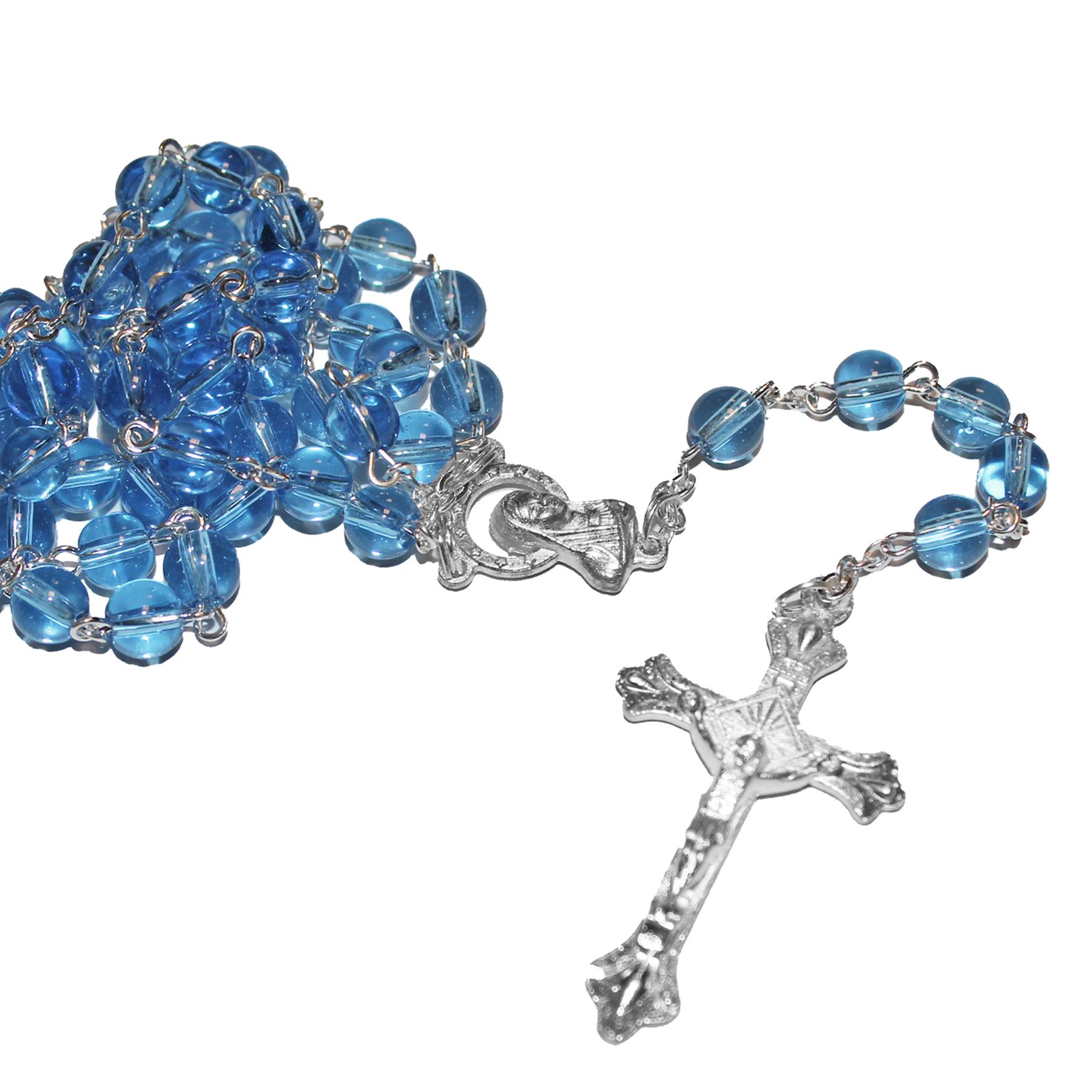 Communion Rosary Beads in Clear Cross Box with Chalice Embellishment - Blue