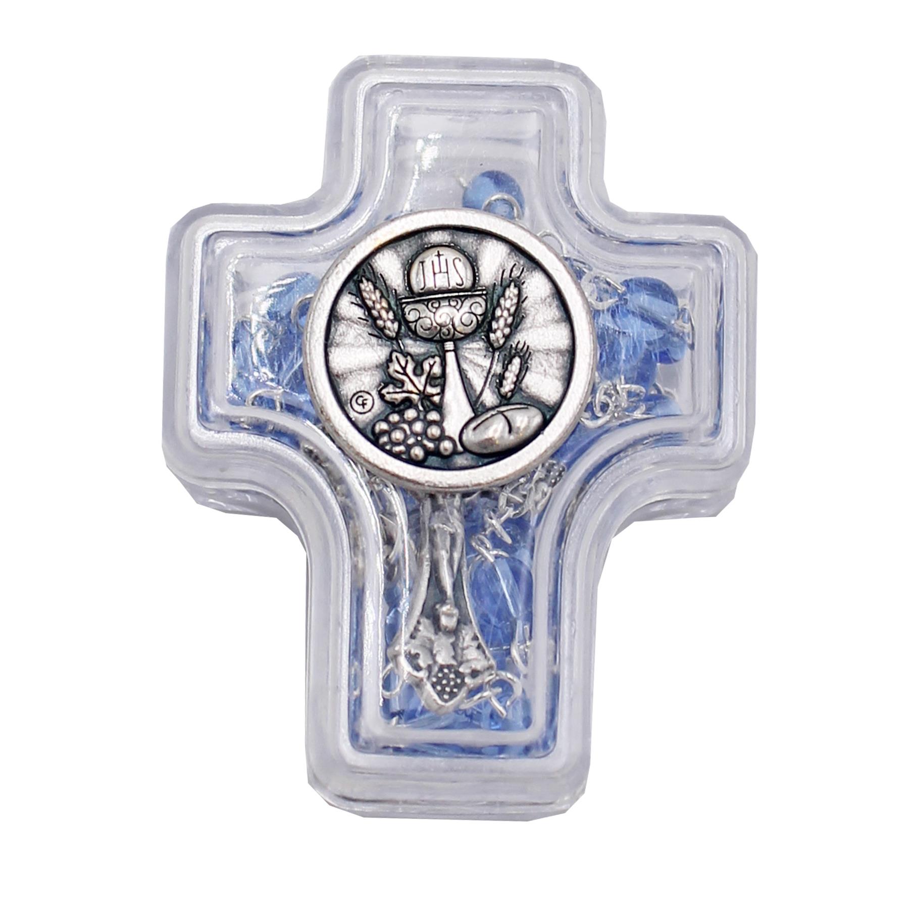 Communion Rosary Beads in Clear Cross Box with Chalice Embellishment - Blue