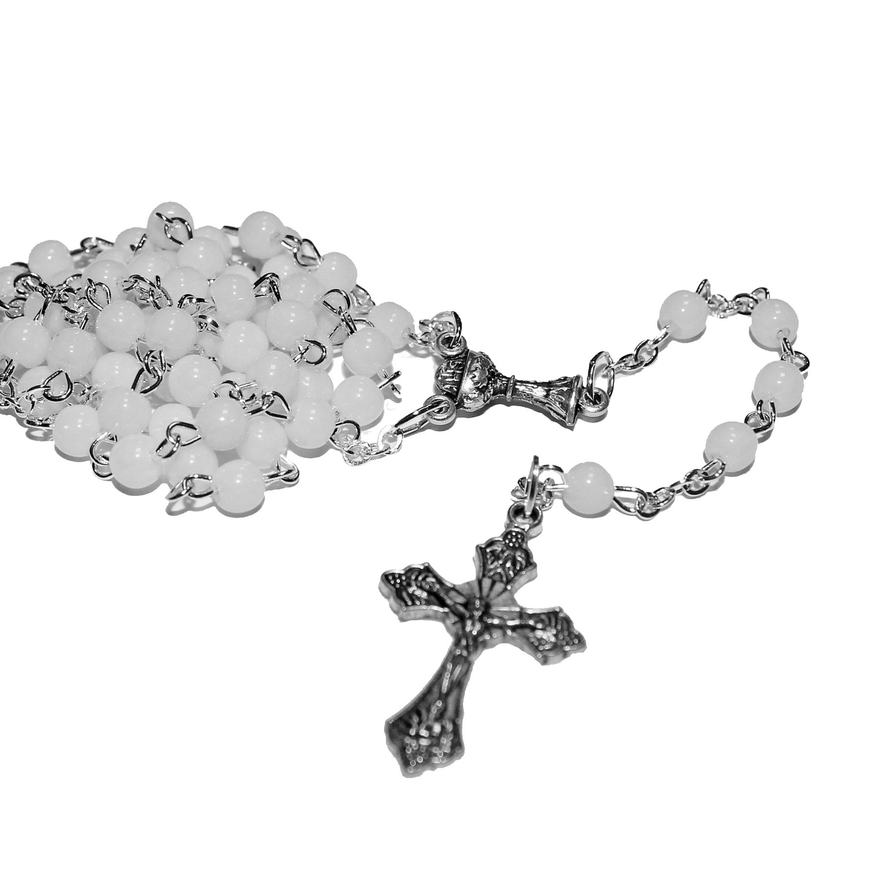 Communion Rosary Beads in Clear Cross Box with Chalice Embellishment - White