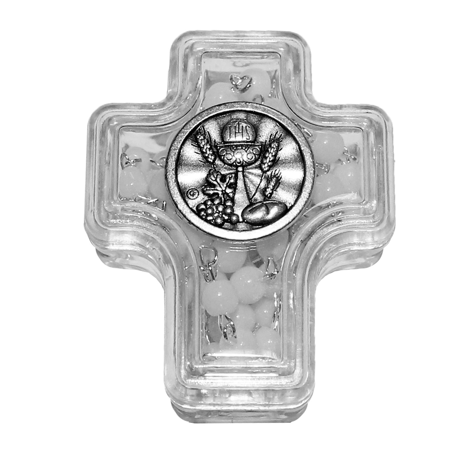 Communion Rosary Beads in Clear Cross Box with Chalice Embellishment - White