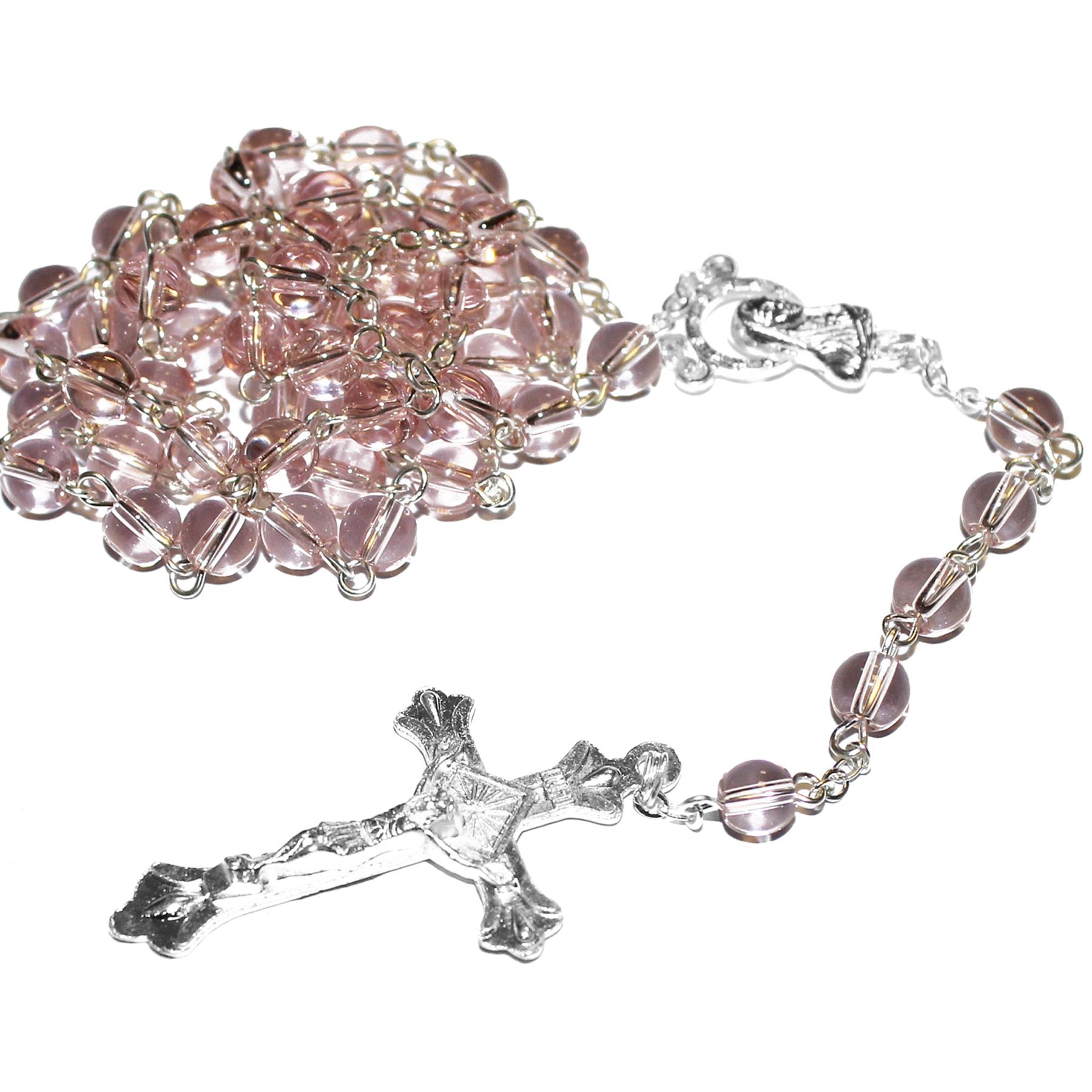 Communion Rosary Beads in Clear Cross Box with Chalice Embellishment - Pink