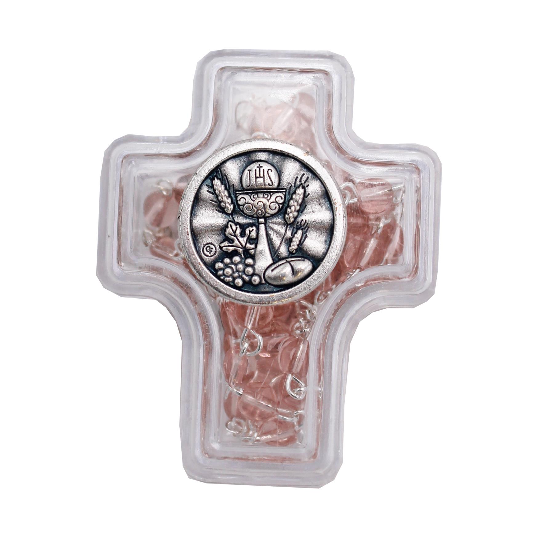 Communion Rosary Beads in Clear Cross Box with Chalice Embellishment - Pink