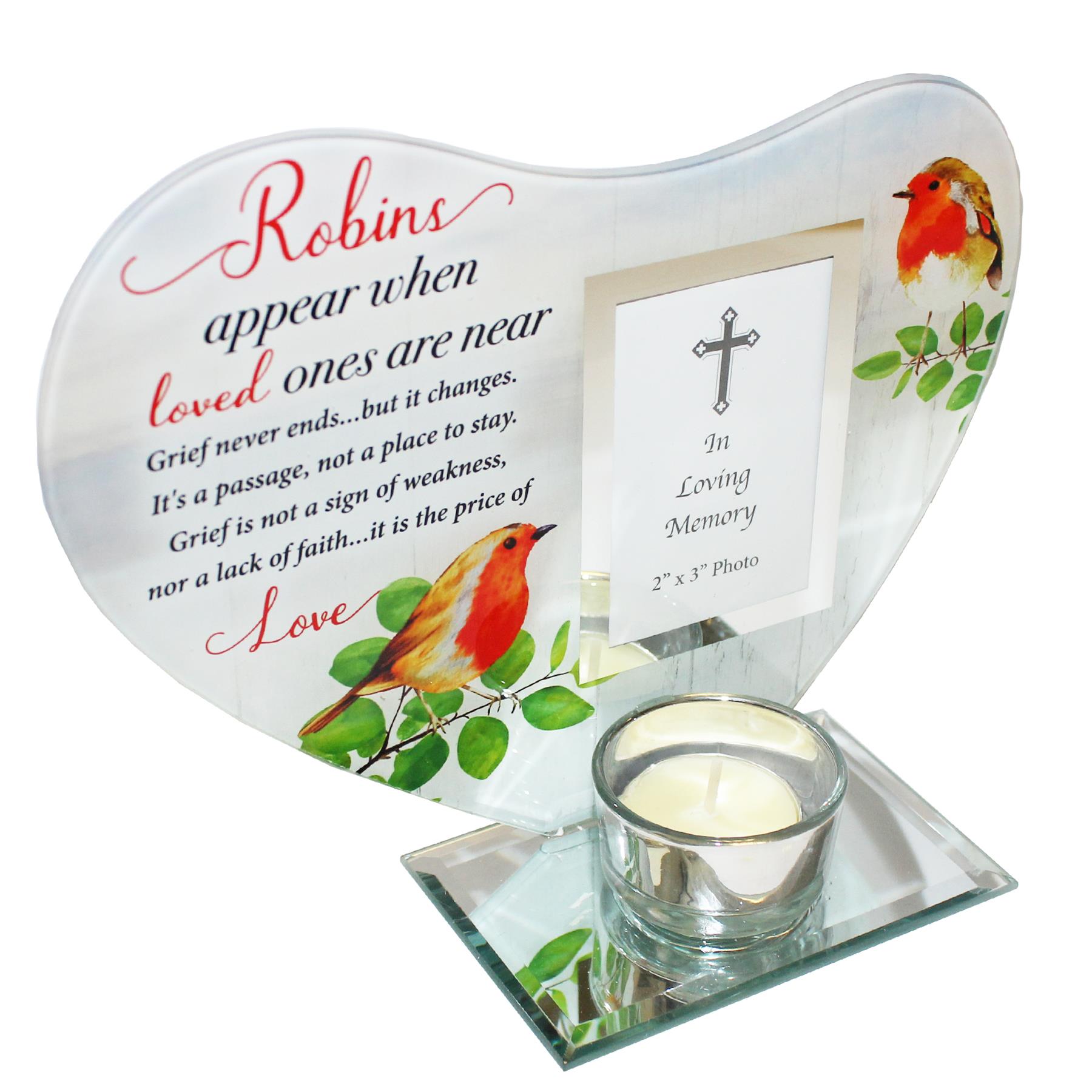 Memorial Glass Heart Votive Tea Light Candle Holder with Photo Frame Robins Near You
