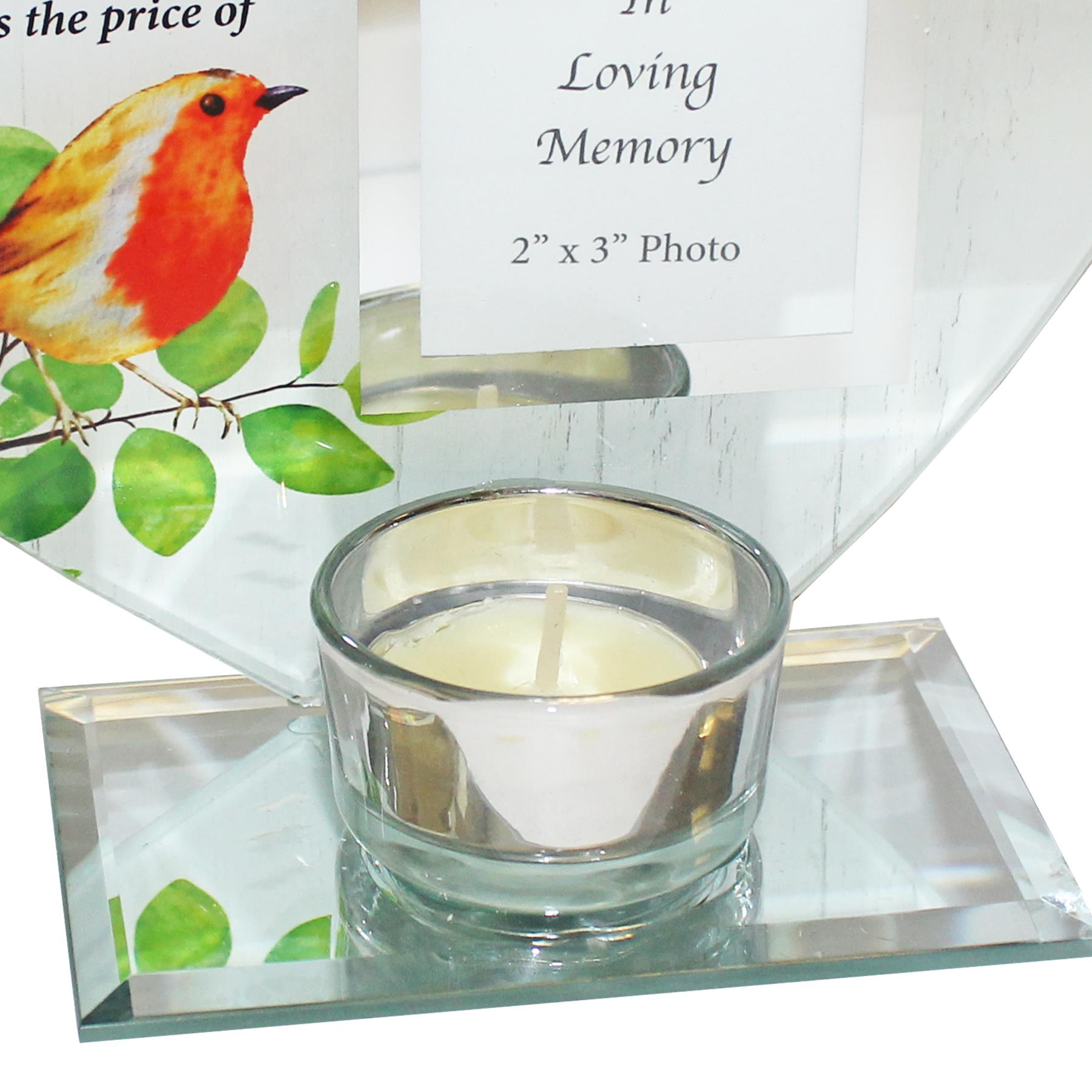 Memorial Glass Heart Votive Tea Light Candle Holder with Photo Frame Robins Near You
