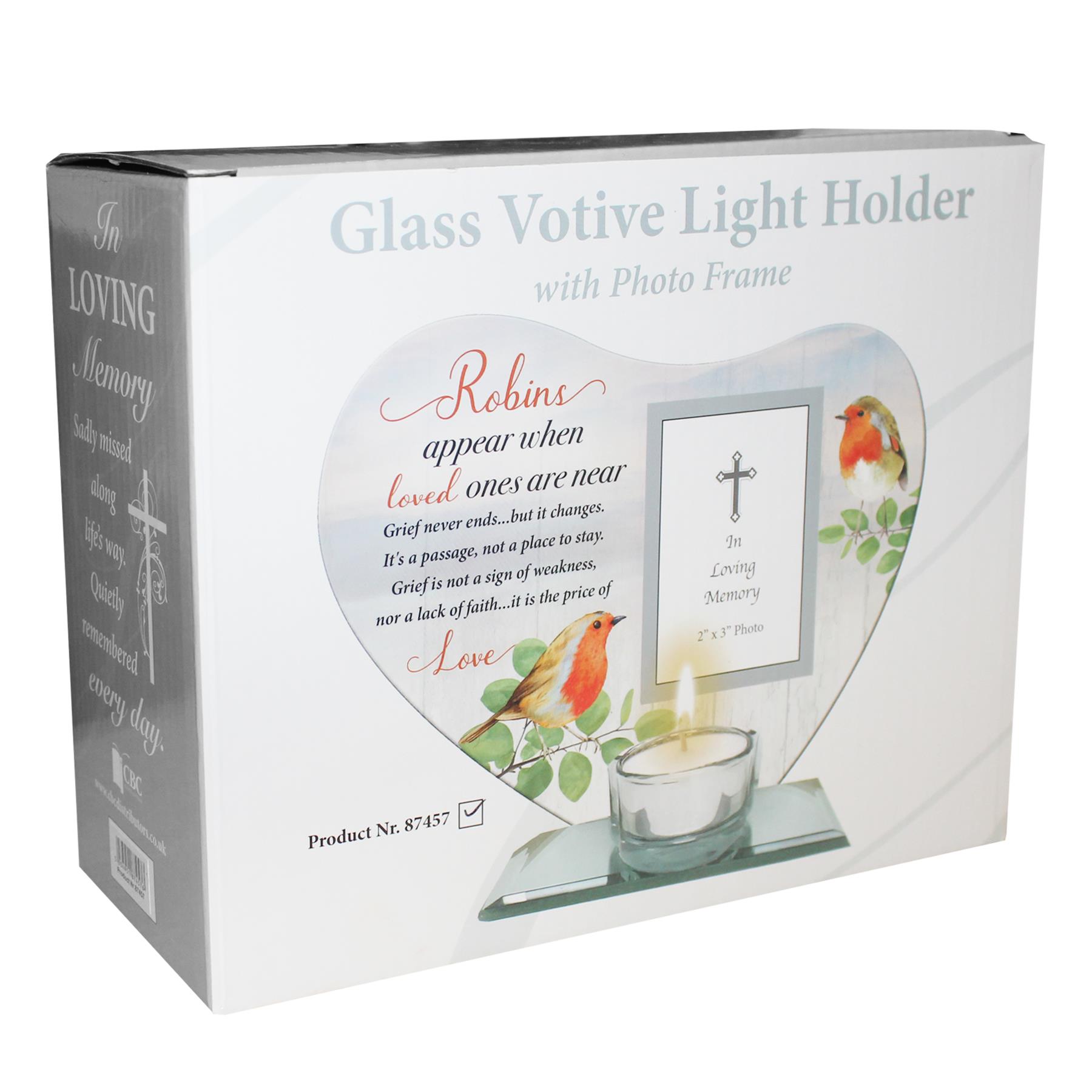 Memorial Glass Heart Votive Tea Light Candle Holder with Photo Frame Robins Near You