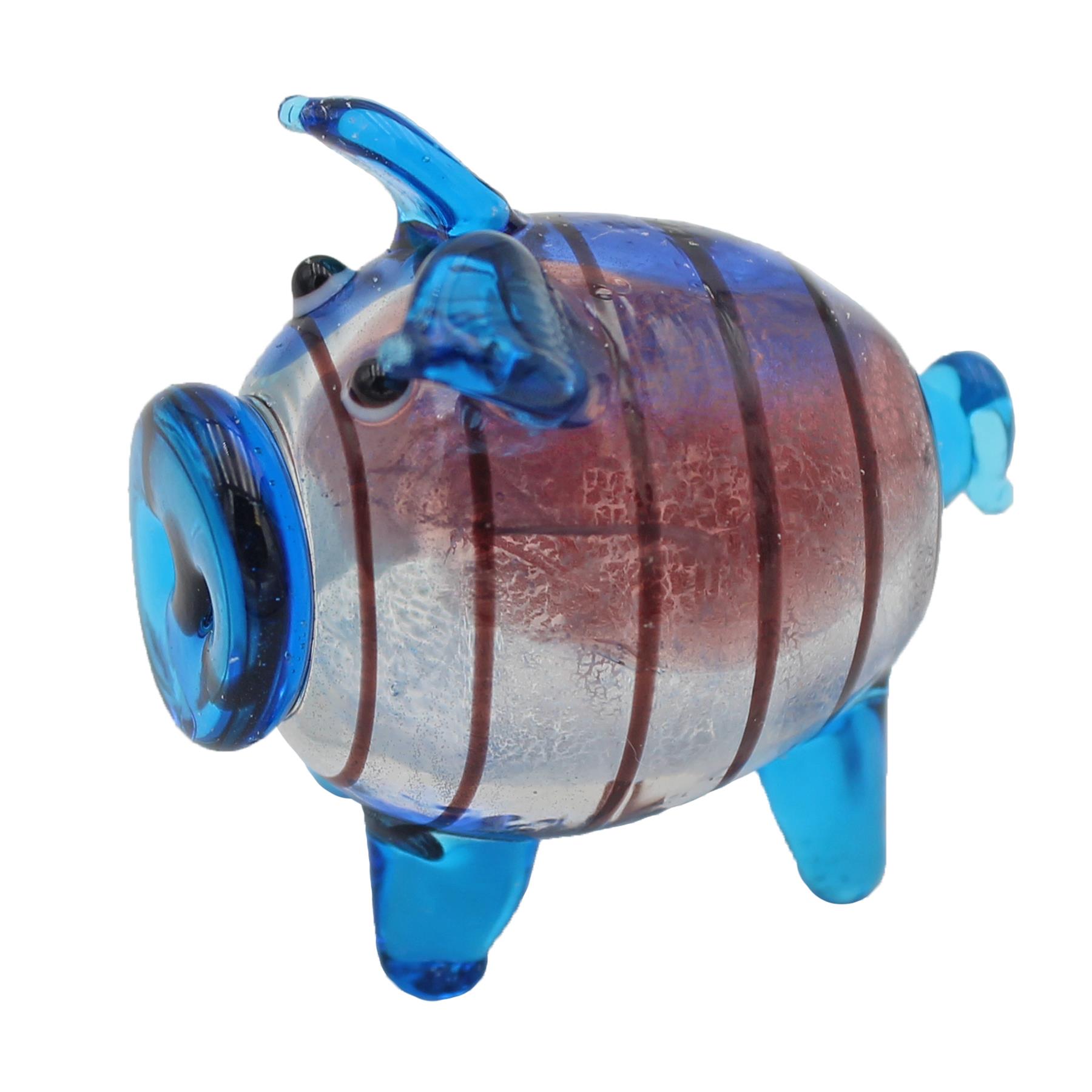 Objet D'art Glass Animal Ornament Mini Room Decoration - Blue Stripy Pig