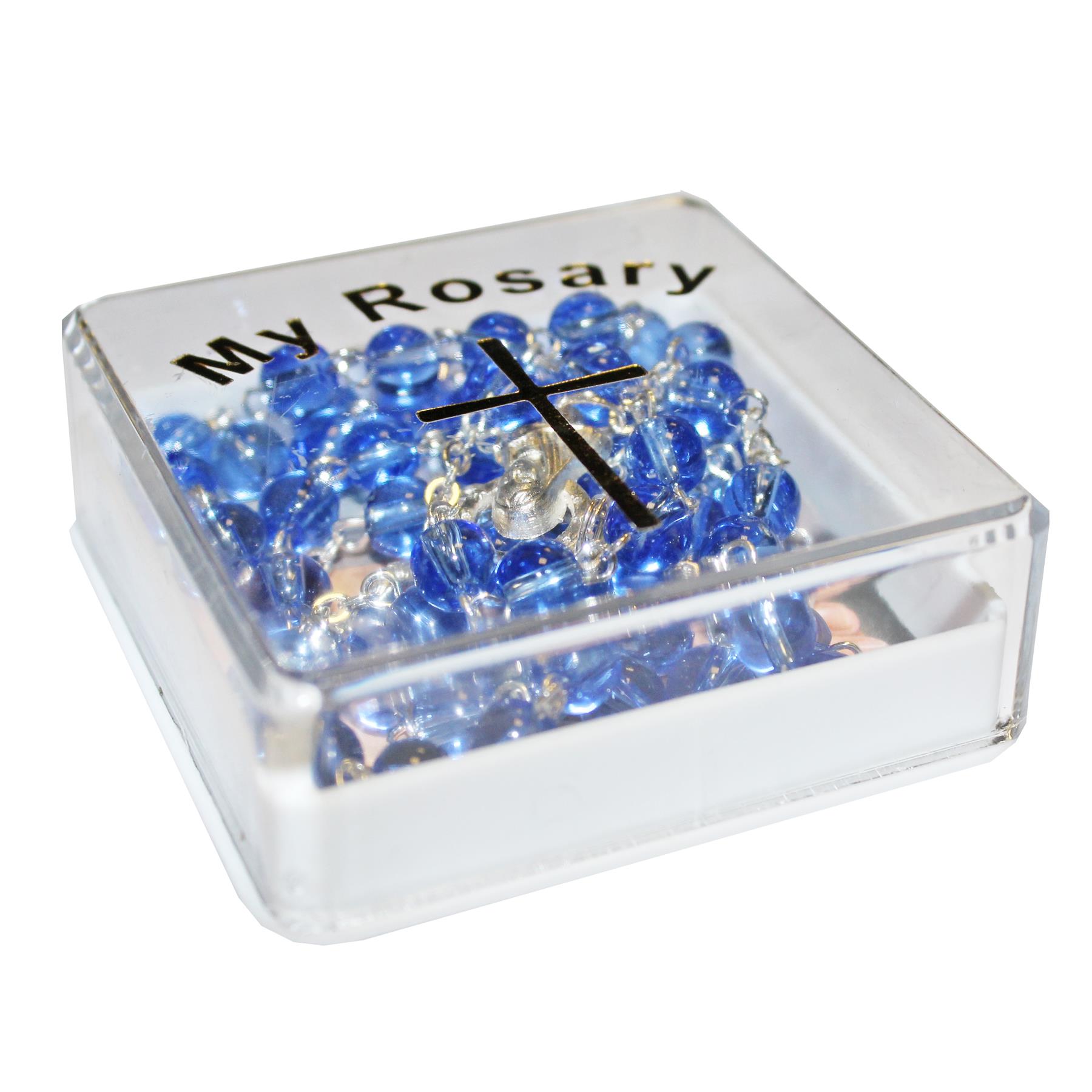 Communion Blue Rosary Beads and Prayer Card Boxed Gift Set
