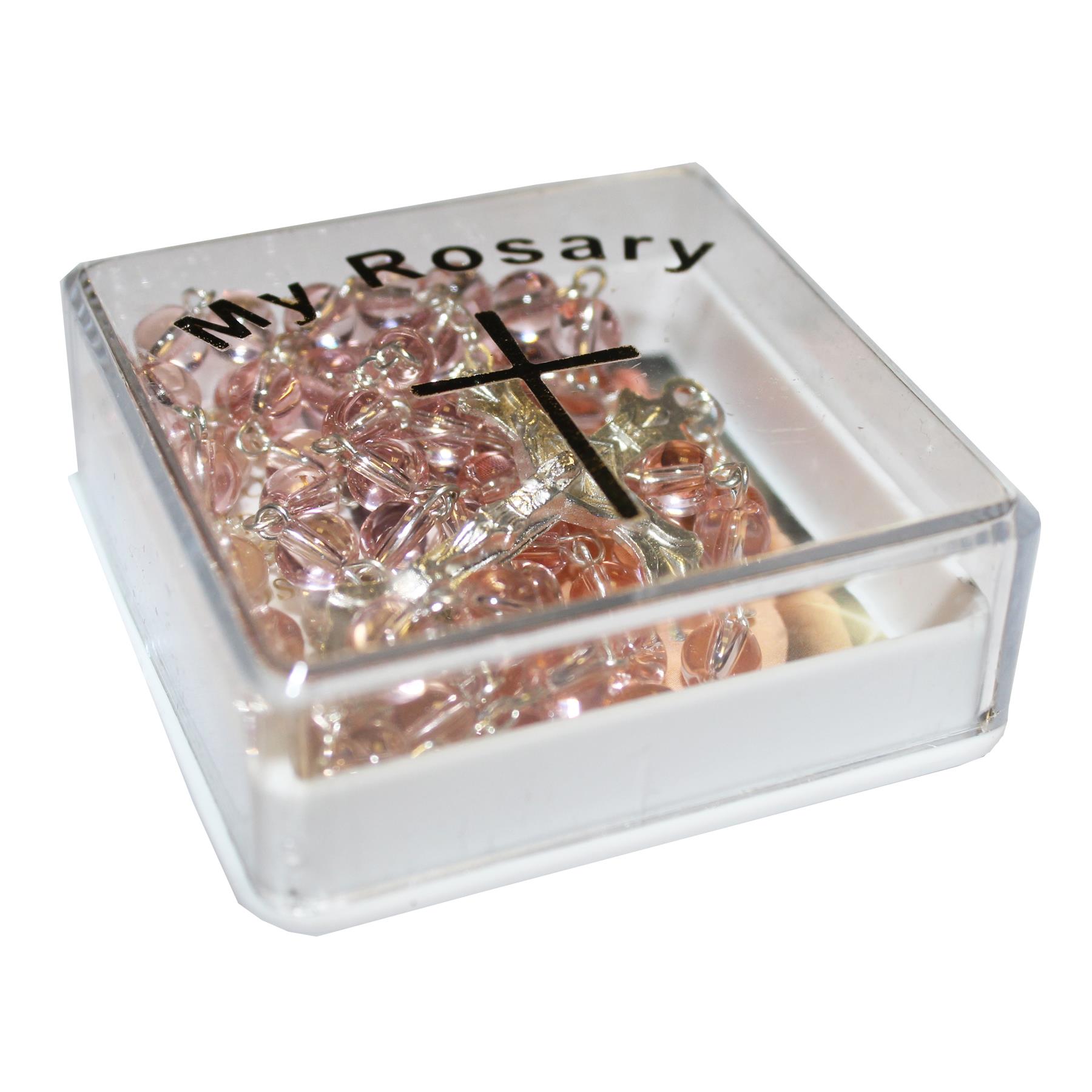 Communion Pink Rosary Beads and Prayer Card Boxed Gift Set