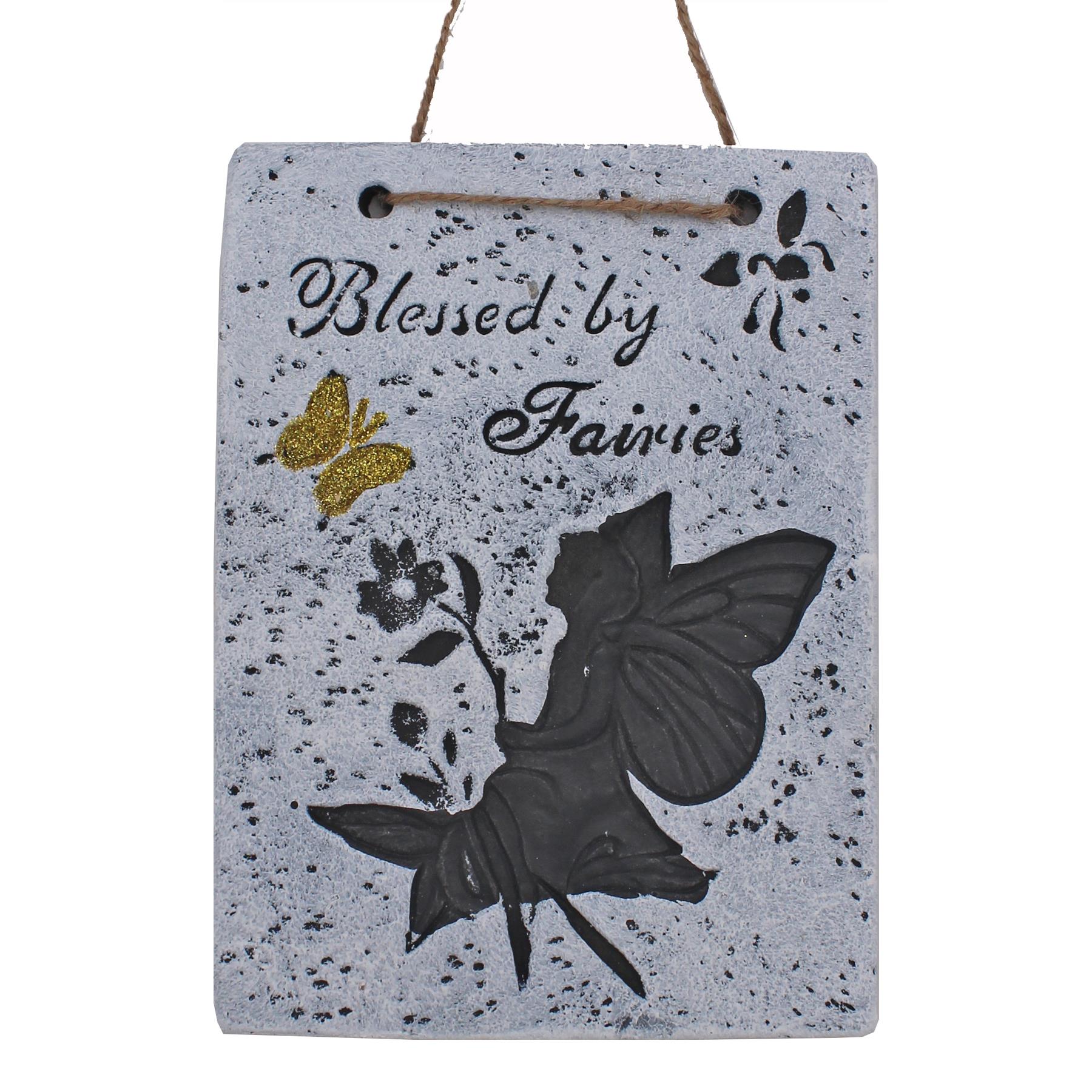 Garden Wall Plaque Fairy Design With Engraved Script and Silhouette - Blessed By Fairies