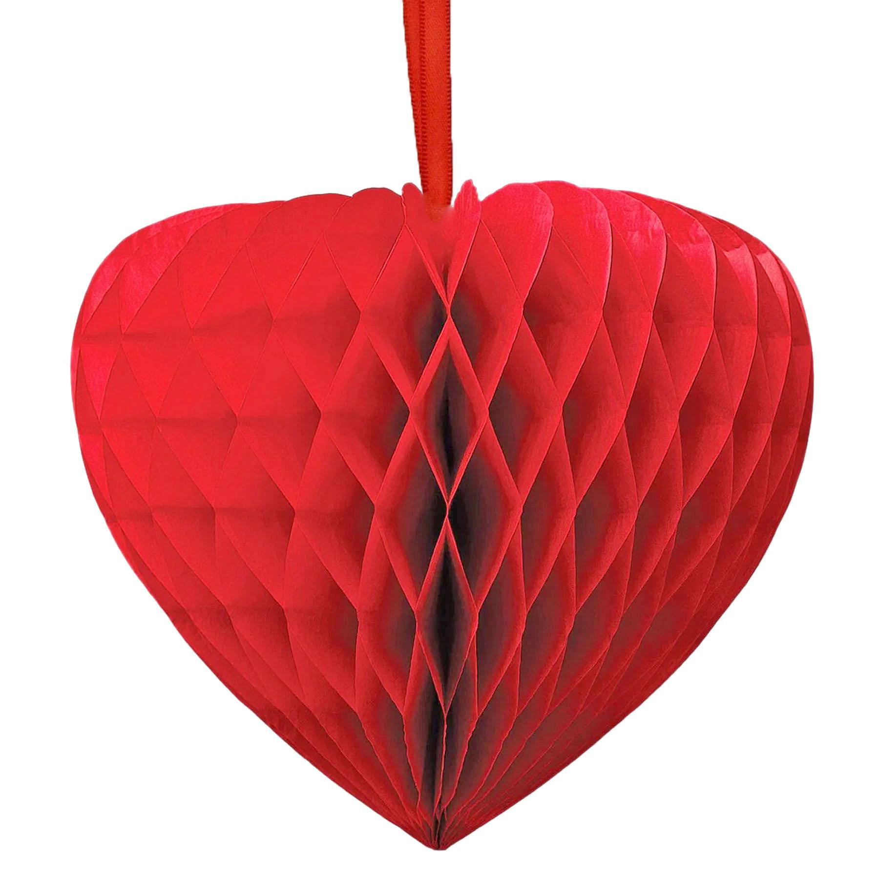Red Heart Hanging Decoration 30cm Honeycomb Style Valentines Day