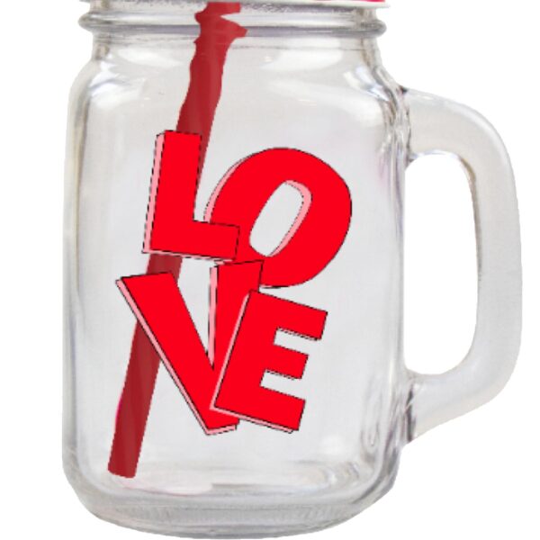 Glass Mason Jar with Reusable Straw Love Design Valentine's Day