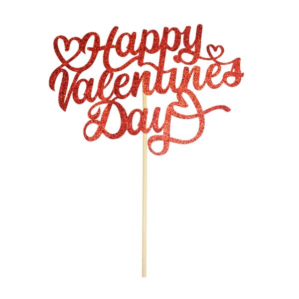 Cake Topper Happy Valentine's Day Red Glitter Finish on Stick