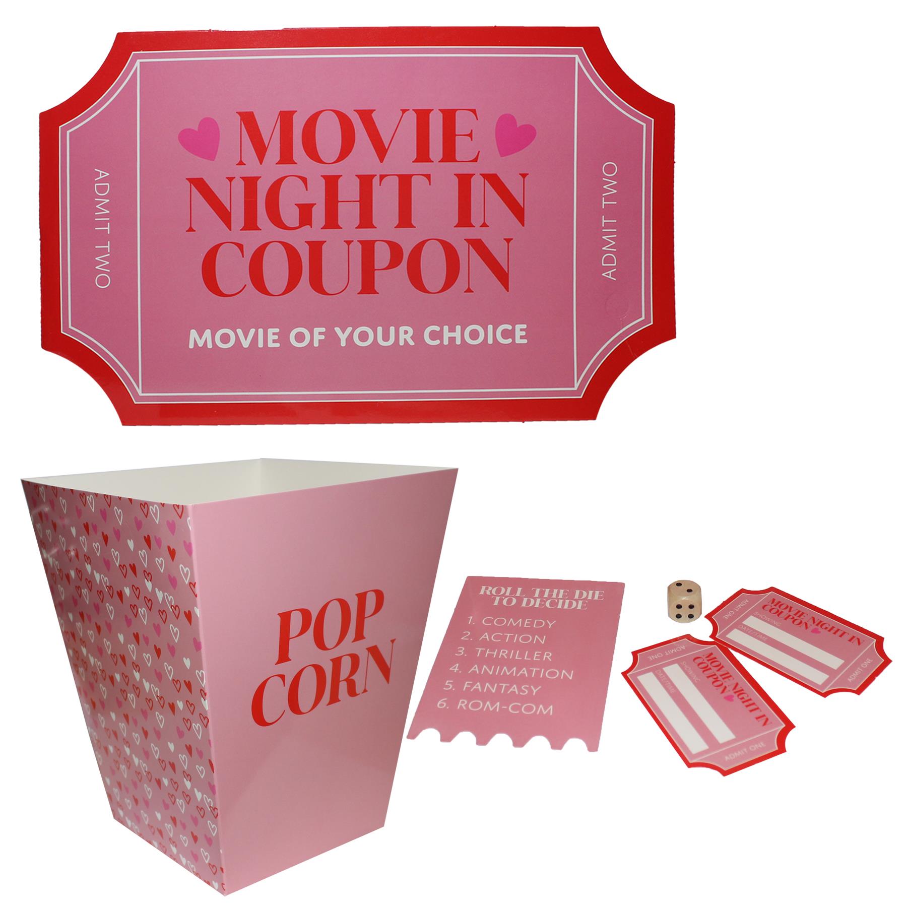 Valentine Movie Date Night Kit Popcorn Box, Movie Tickets, Grazing Board and Dice