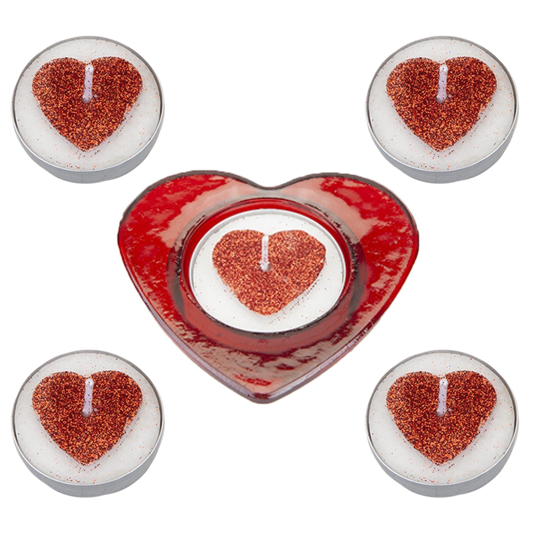 Valentines Heart Shaped Tea Light Candles and Glass Holder Red Glitter