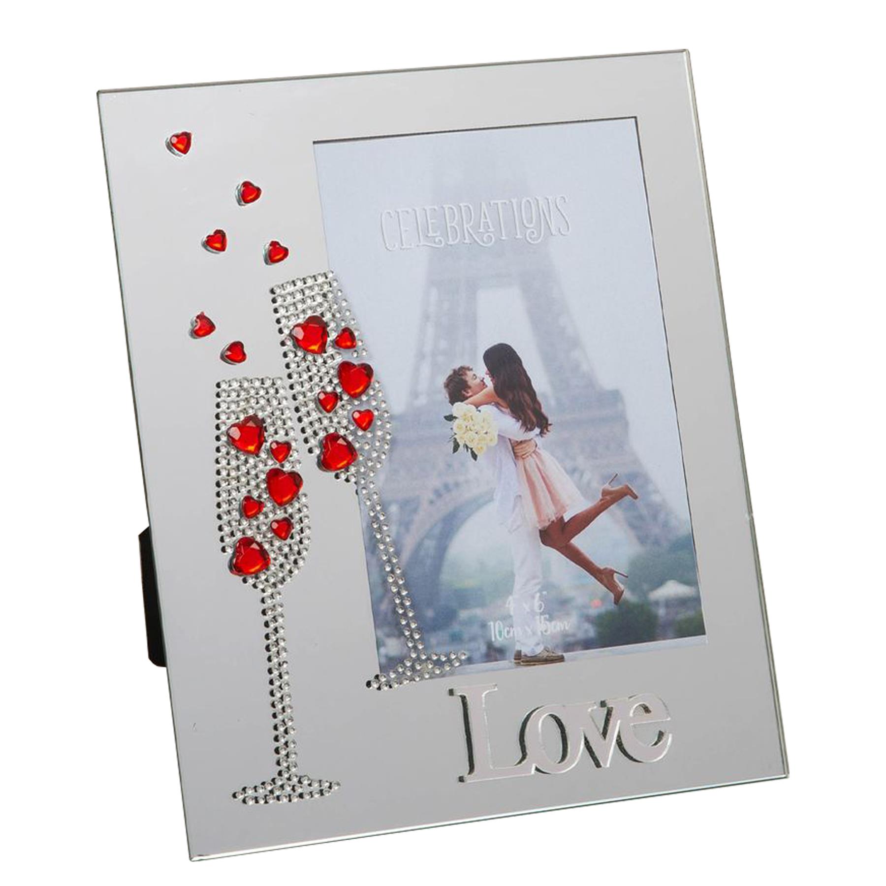 Valentine Glass Photo Frame 4" x 6" Picture with Champagne Flutes and Love Design