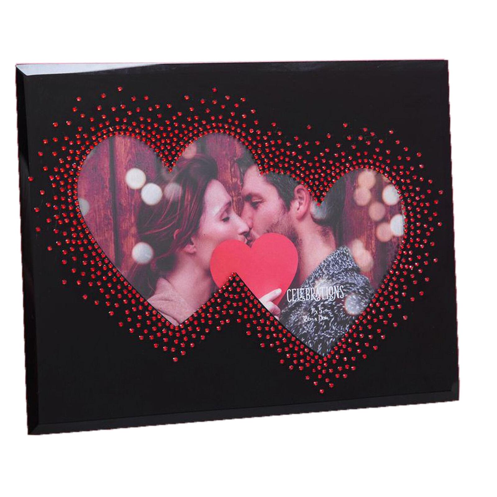 Valentine Glass Photo Frame 7" x 5" Black with Double Heart Design