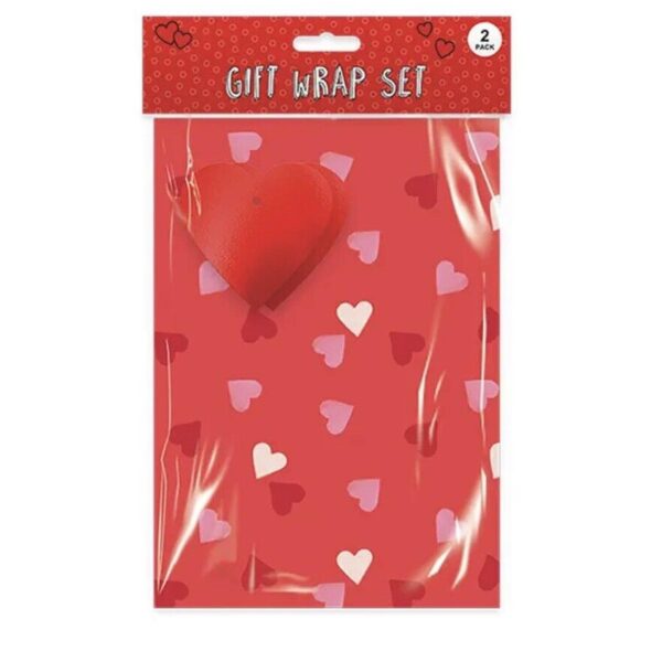 Valentines Wrapping Paper Sheets and Tags Pack of 2 Red with Hearts