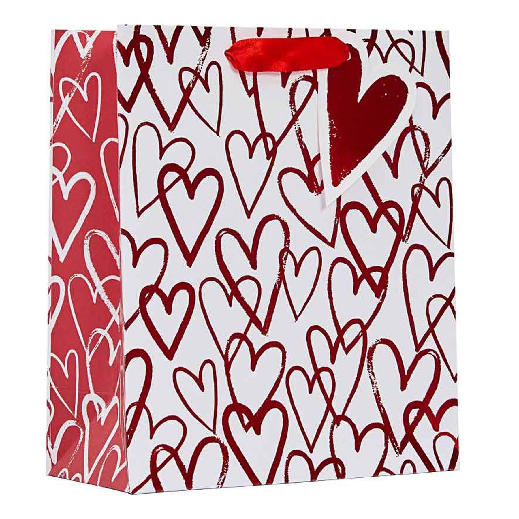 Valentines Gift Bag with Tag 25cm x 21.5cm White with Foil Hearts