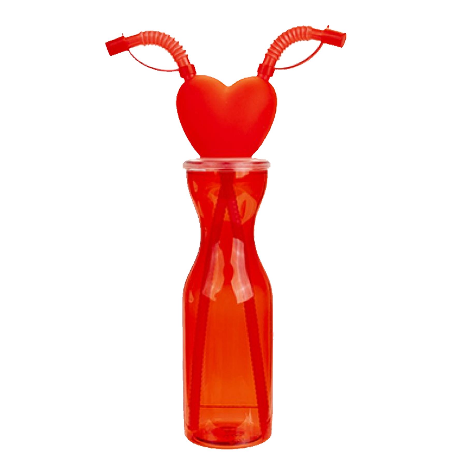Red Bottle With 2 Flexi Straws and Heart Topper 500ml Valentine's Gift