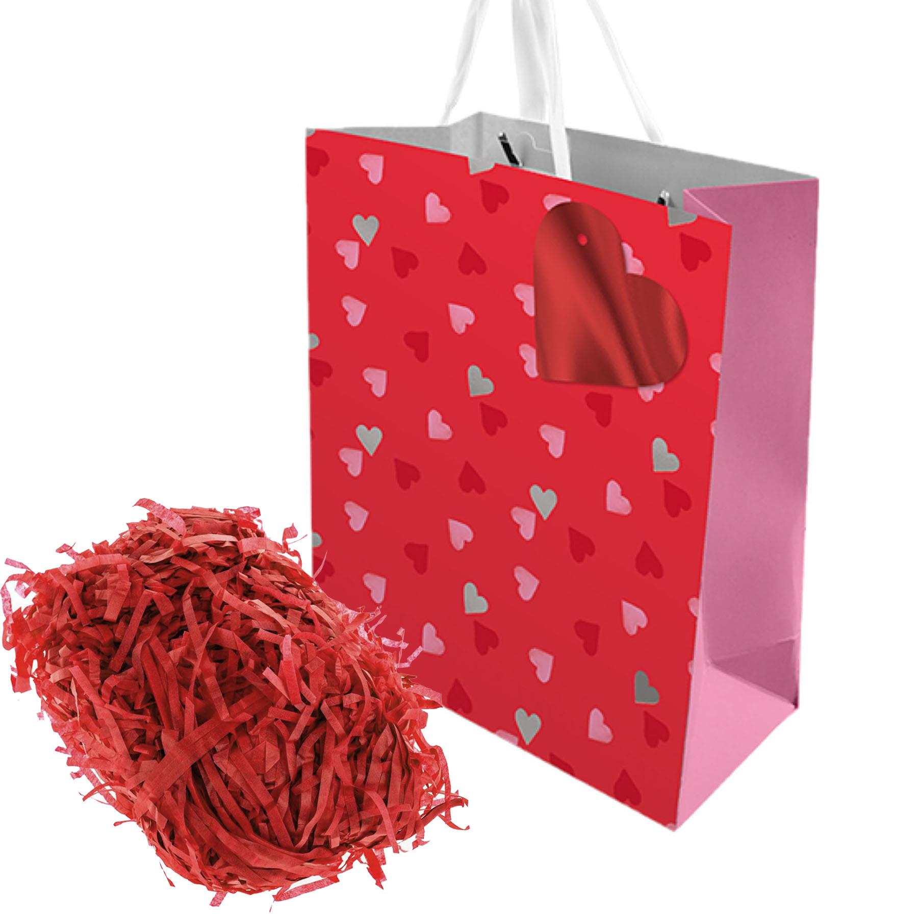 Valentines Gift Bag 25.5cm x 21.5cm and Shredded Tissue Paper - Red with Hearts