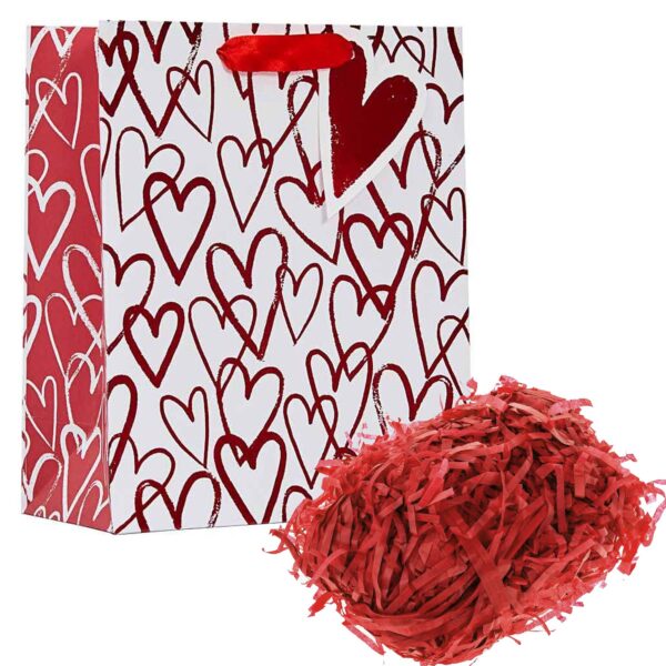 Valentines Gift Bag 25.5cm x 21.5cm and Shredded Tissue Paper - White with Foil Hearts