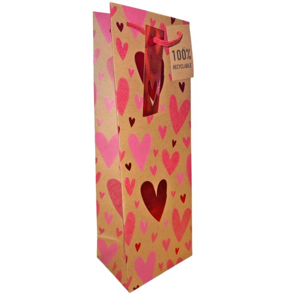 Valentines Day Bottle Bag Red Heart Design With Foil Details - 35.5cm x 12.5cm