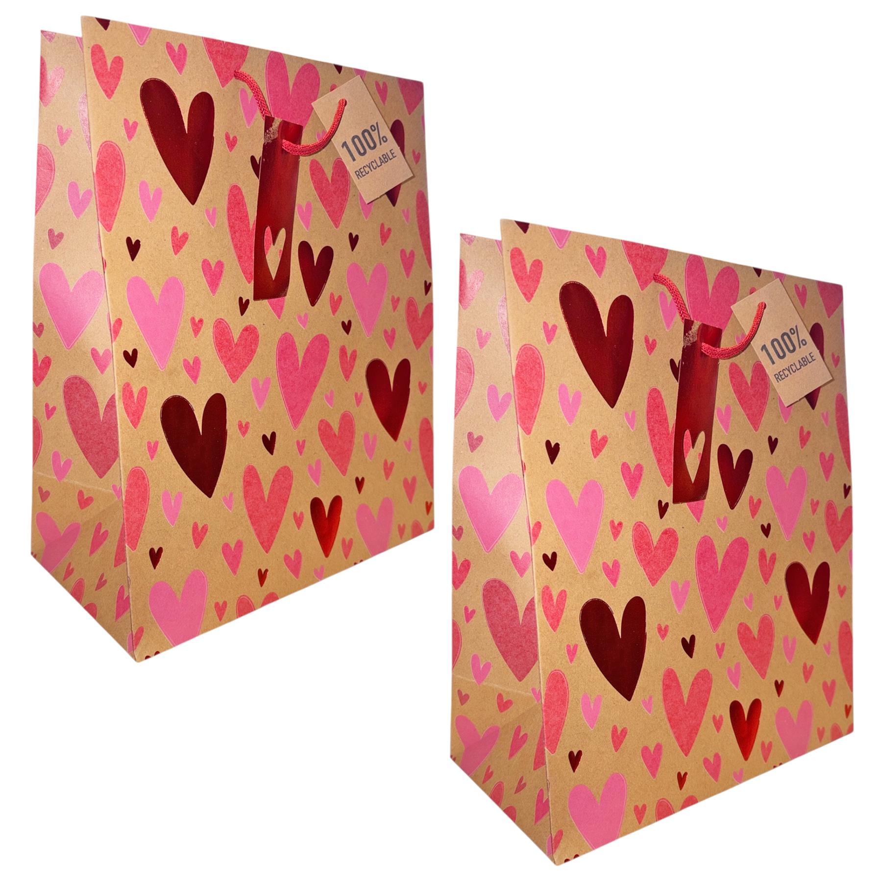 Valentines Day Gift Bags Set of 2 Red Heart Design With Foil Details - 33cm x 26.5cm