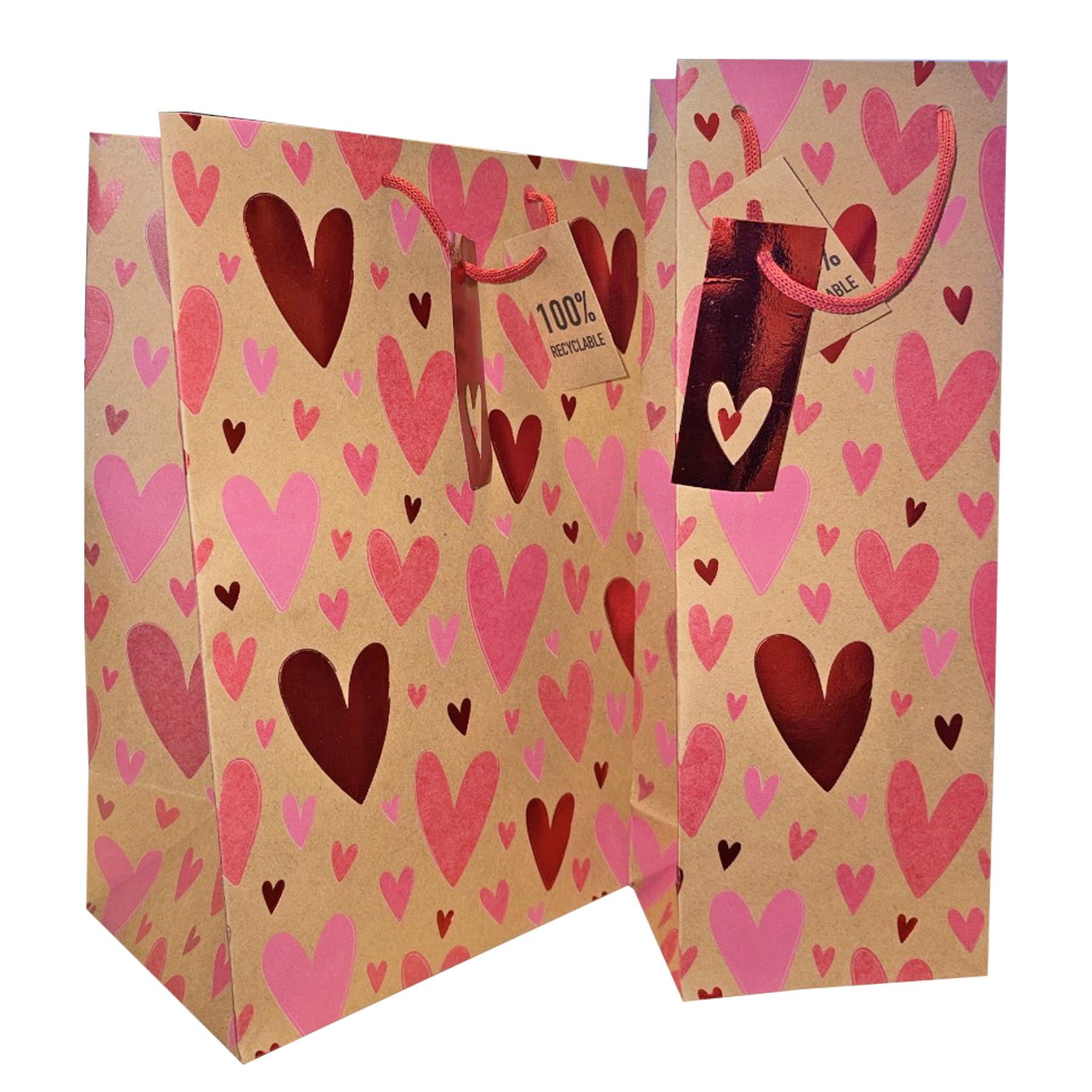 Valentines Day Medium Gift Bag and Bottle Bag Set Red Heart Design With Foil Details
