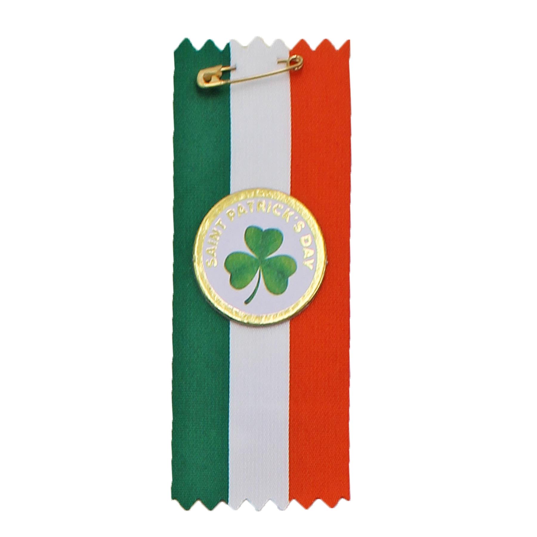 St Patrick's Day Badge - Shamrock Motif on Ireland Flag Ribbon