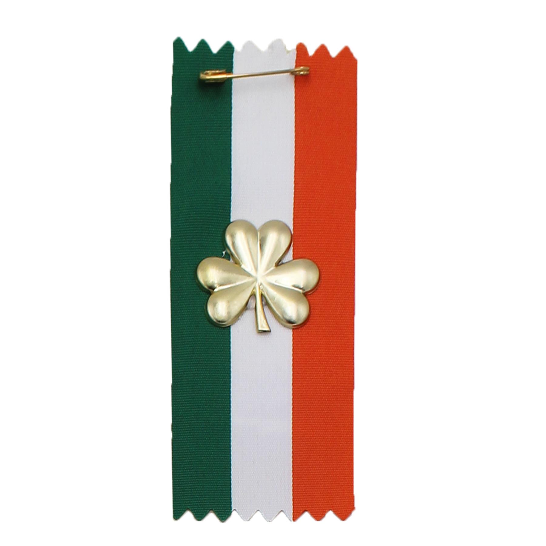 St Patrick's Day Badge - Gold Shamrock Motif on Ireland Flag Ribbon