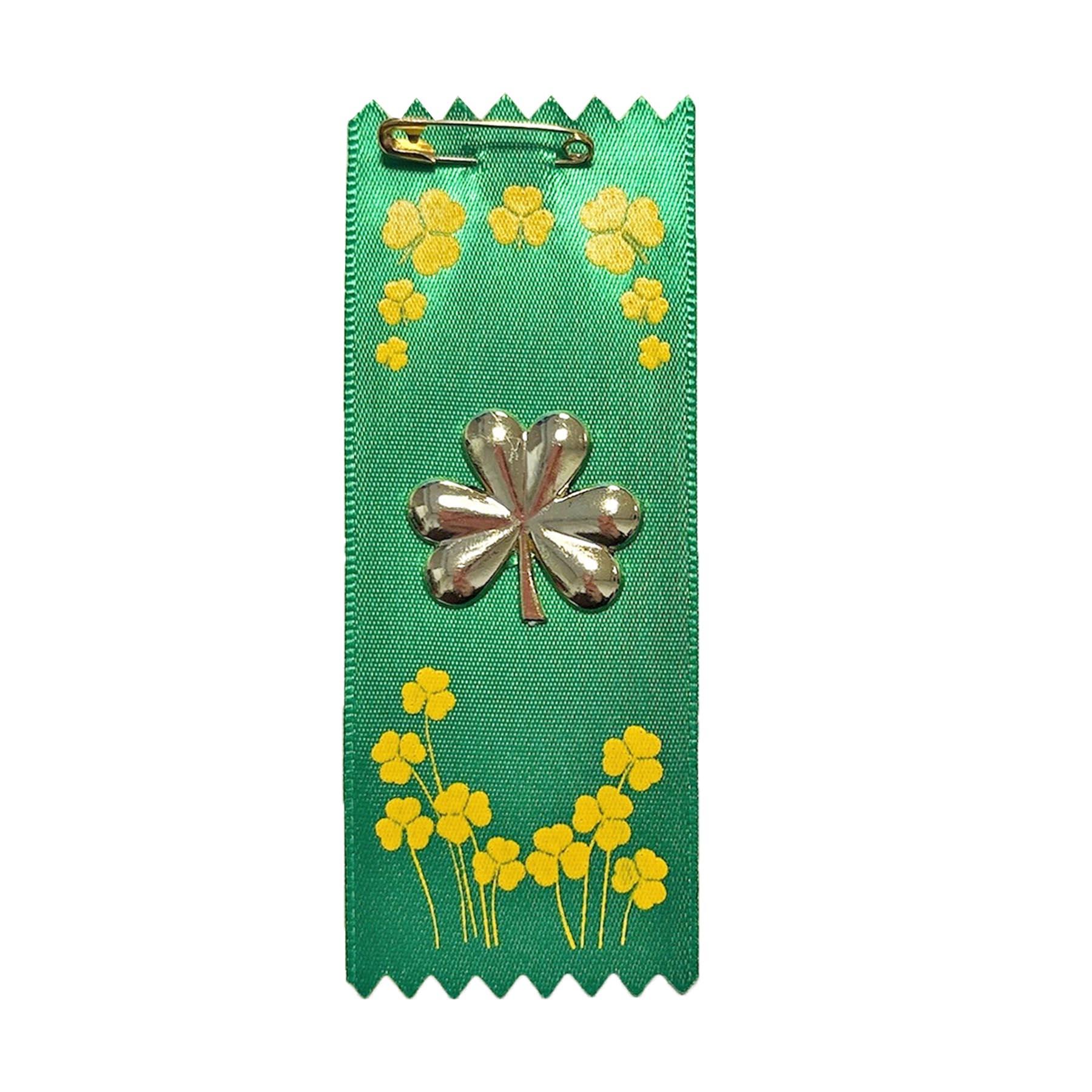 St Patrick's Day Badge - Gold Shamrock Motif on Green Ribbon