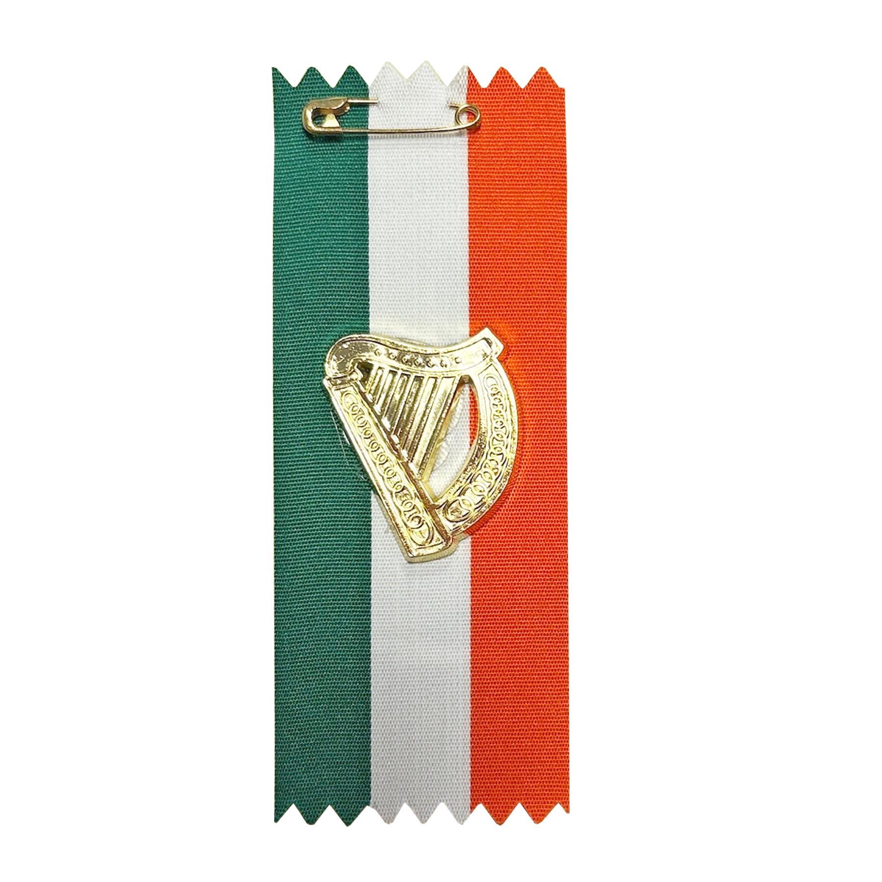 St Patrick's Day Badge - Gold Harp Motif on Ireland Flag Ribbon