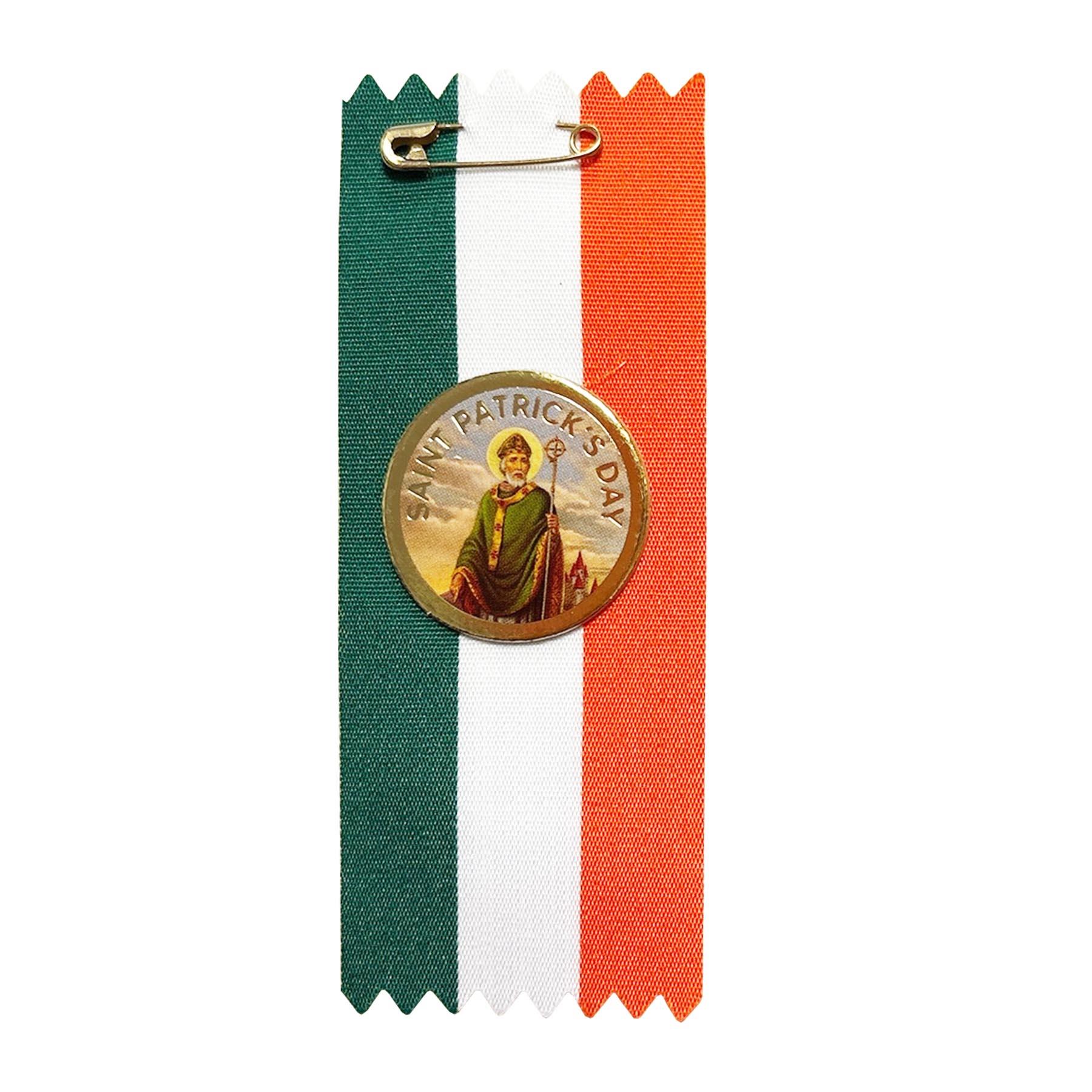St Patrick's Day Badge - St Patrick Image on Ireland Flag Ribbon