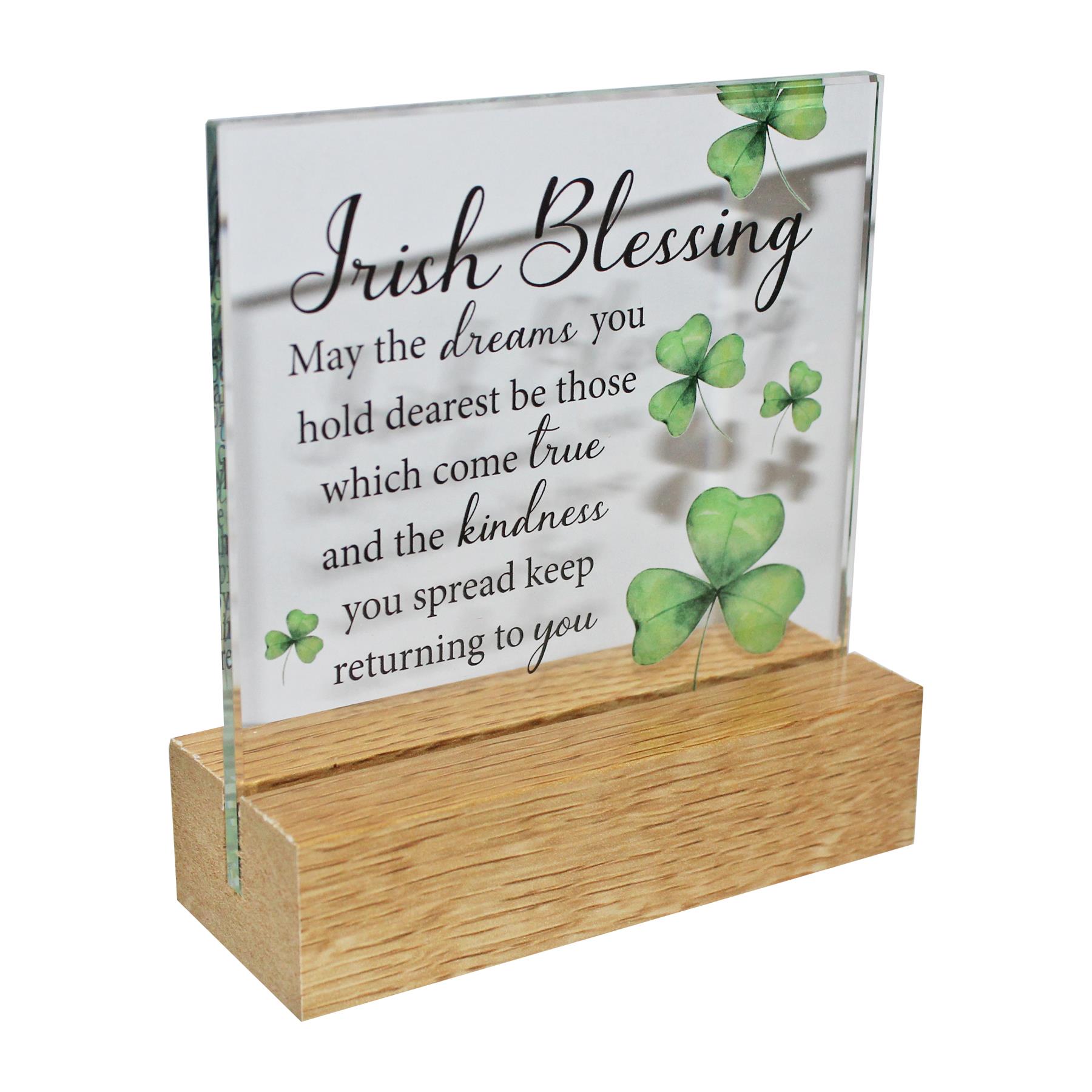 St Patrick's Day Glass Plaque on a Wooden Base - Irish Blessing